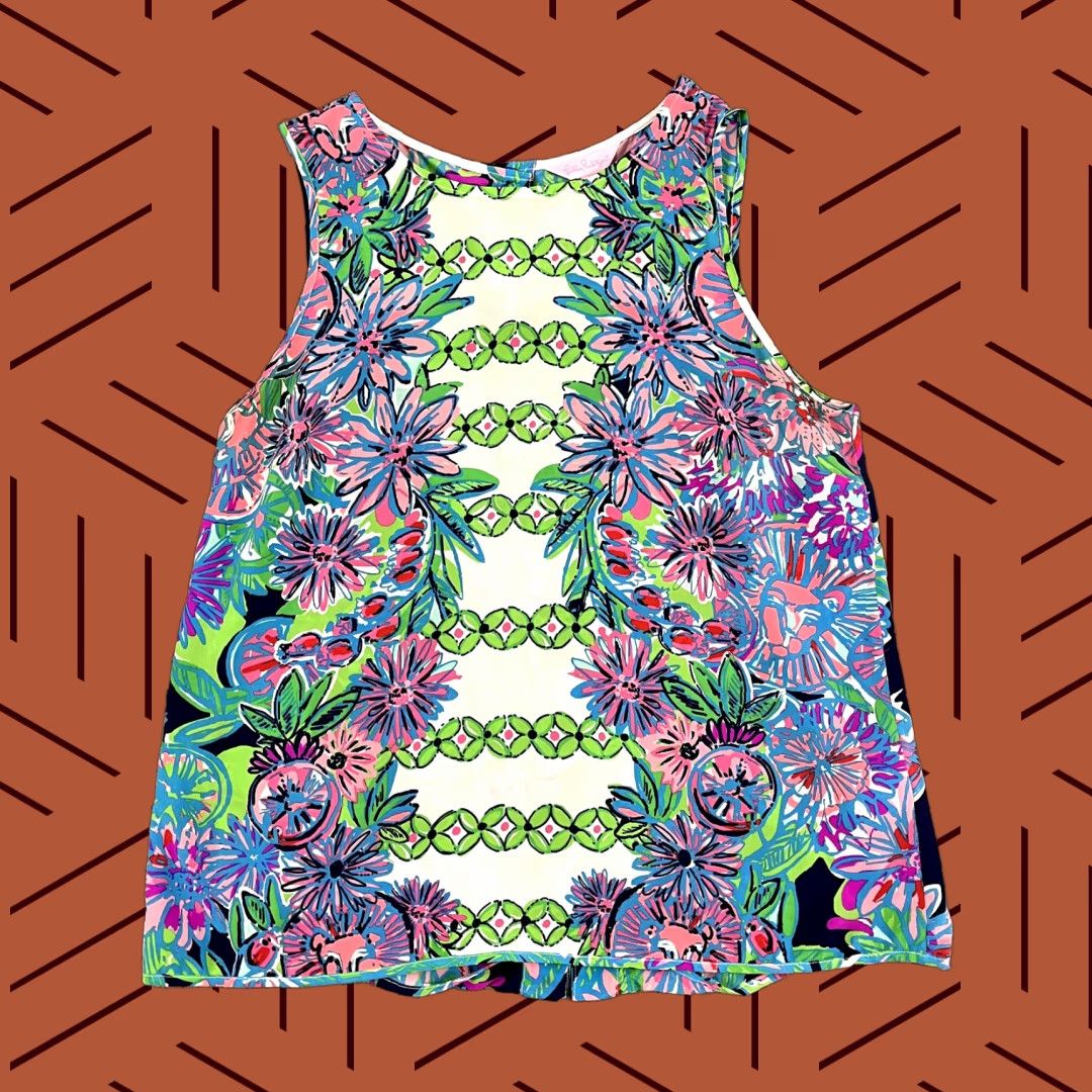 Lilly Pulitzer Lilly Pulitzer Women's Silk Sleeveless Iona Shell Blouse Large Floral Resort Sheer Abstract Colorful 2000s Size L / US 10 / IT 46 - 1 Thumbnail