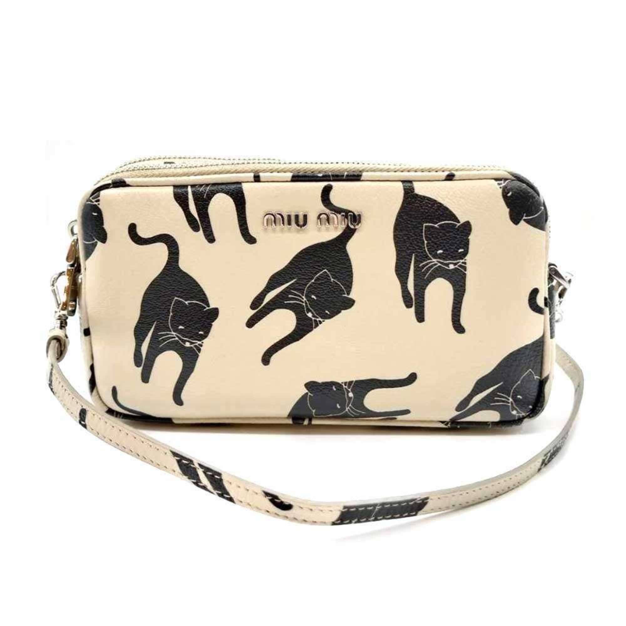 Miu Miu Miu Madras Mini Shoulder Bag Beige X Black Pochette Pouch 2Way Cat Print Women's Leather 5Zh011 Miumiu