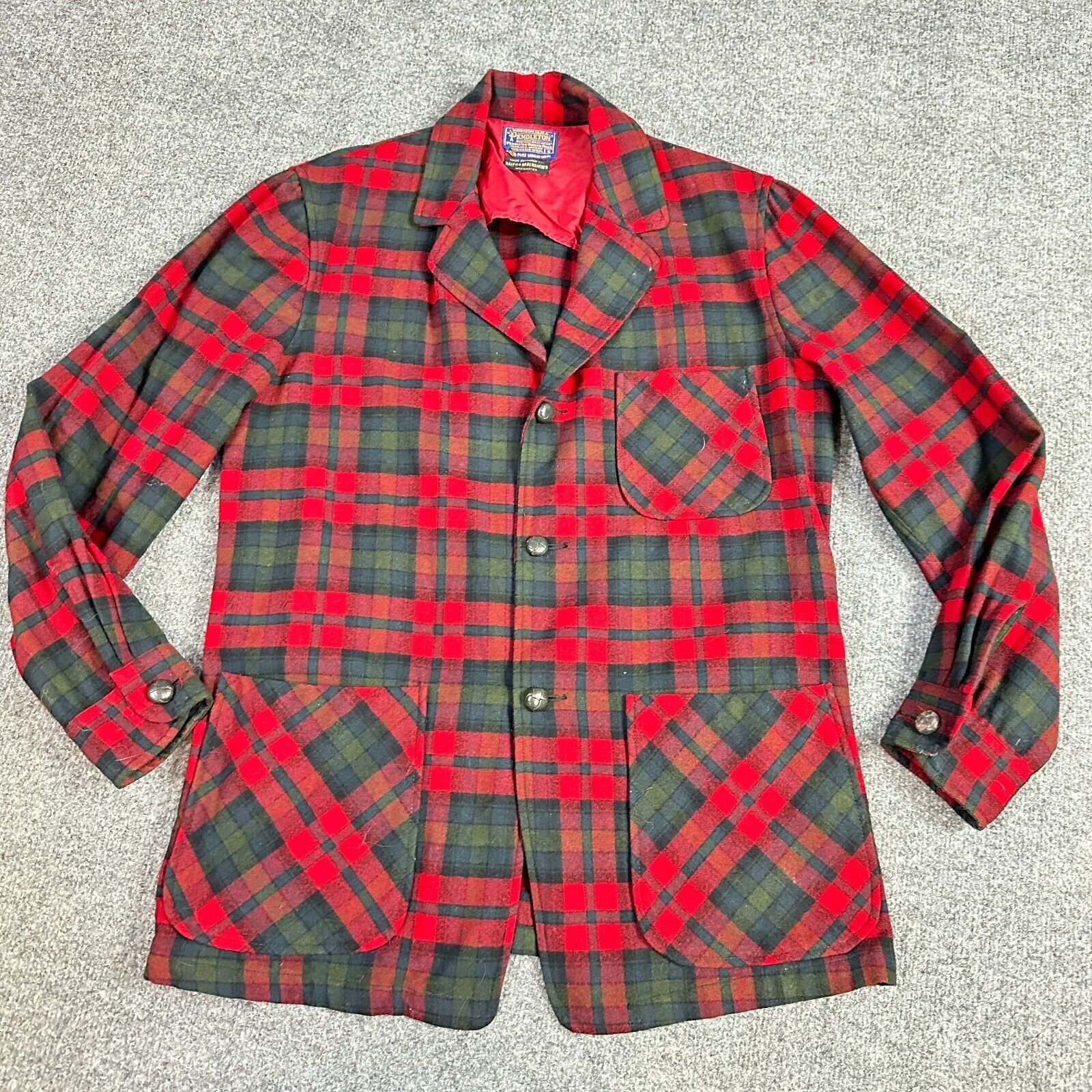 Pendleton Sport Coat S Red Plaid Patch Pockets Vintage USA M