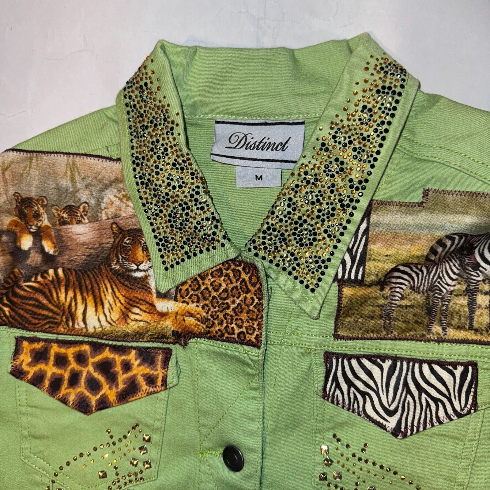 Other Distinct Green Tiger Zebra Denim Jean Jacket - M Rhinestones Size M / US 6-8 / IT 42-44 - 2 Thumbnail