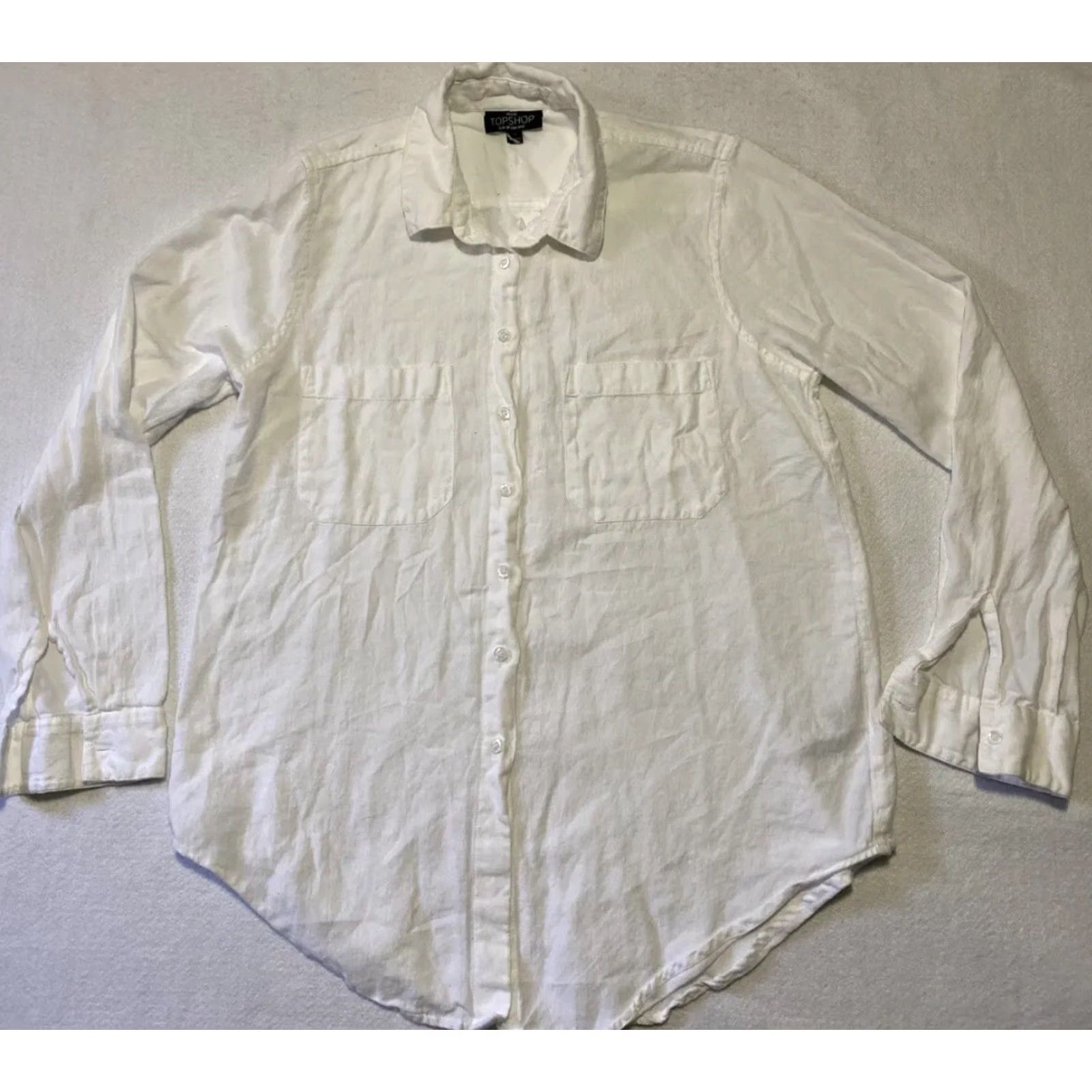 Topshop Topshop Shirt Dress Womens Size 6 Long Sleeve White Linen Cotton Button Collared Casual Short Dress 28-23 Size M / US 6-8 / IT 42-44 - 2 Thumbnail