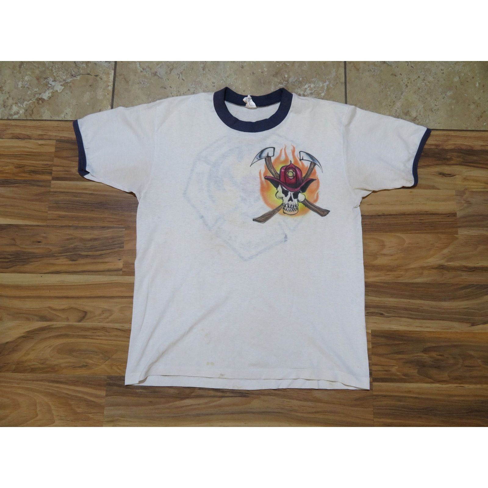 Other Firefighter Airbrushed Art T-shirt, White Ringer Sz M 1980s Size US M / EU 48-50 / 2 - 3 Thumbnail