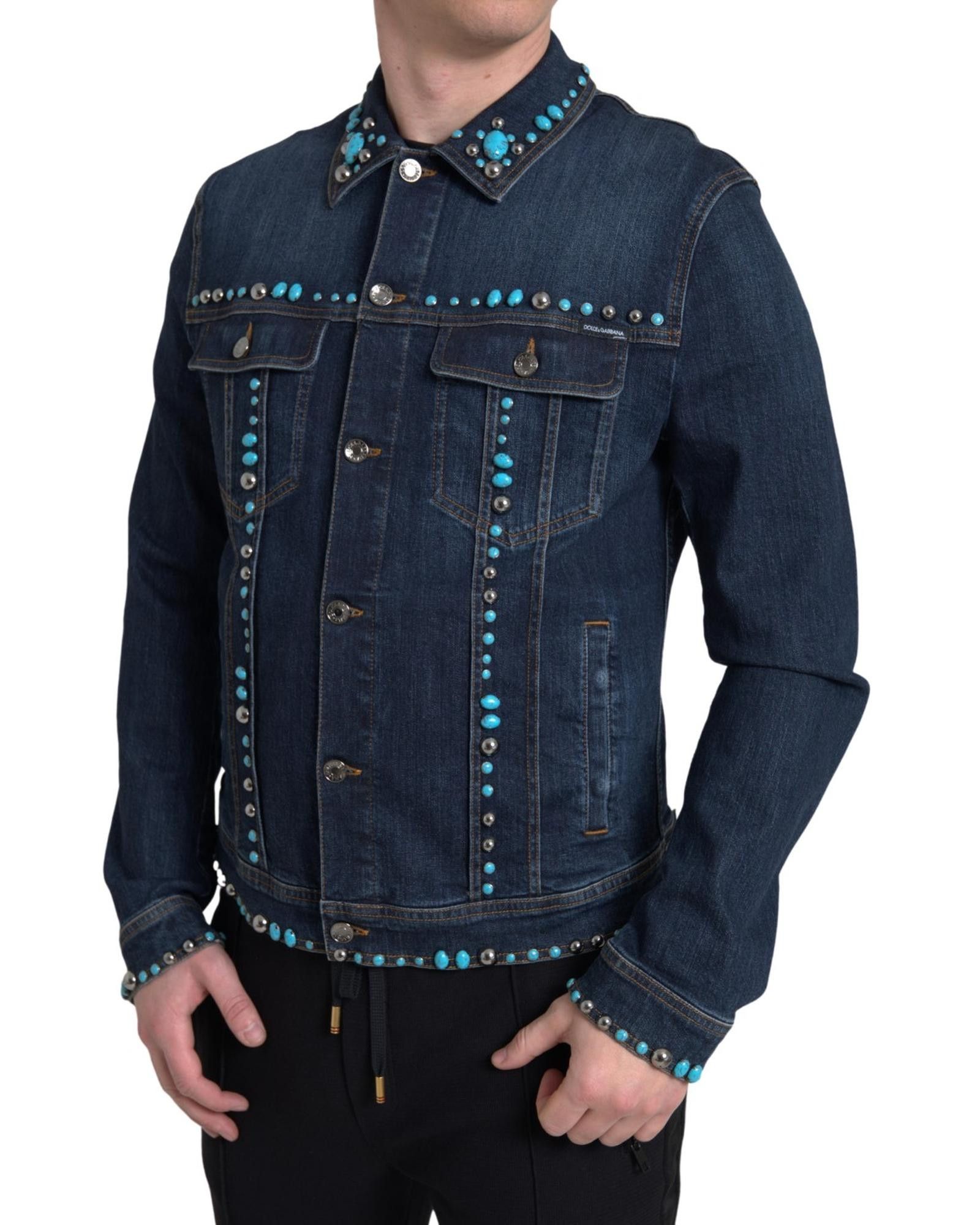 image of Dolce Gabbana Turquoise Stone Embellished Denim Jacket in Blue, Men's (Size Medium)
