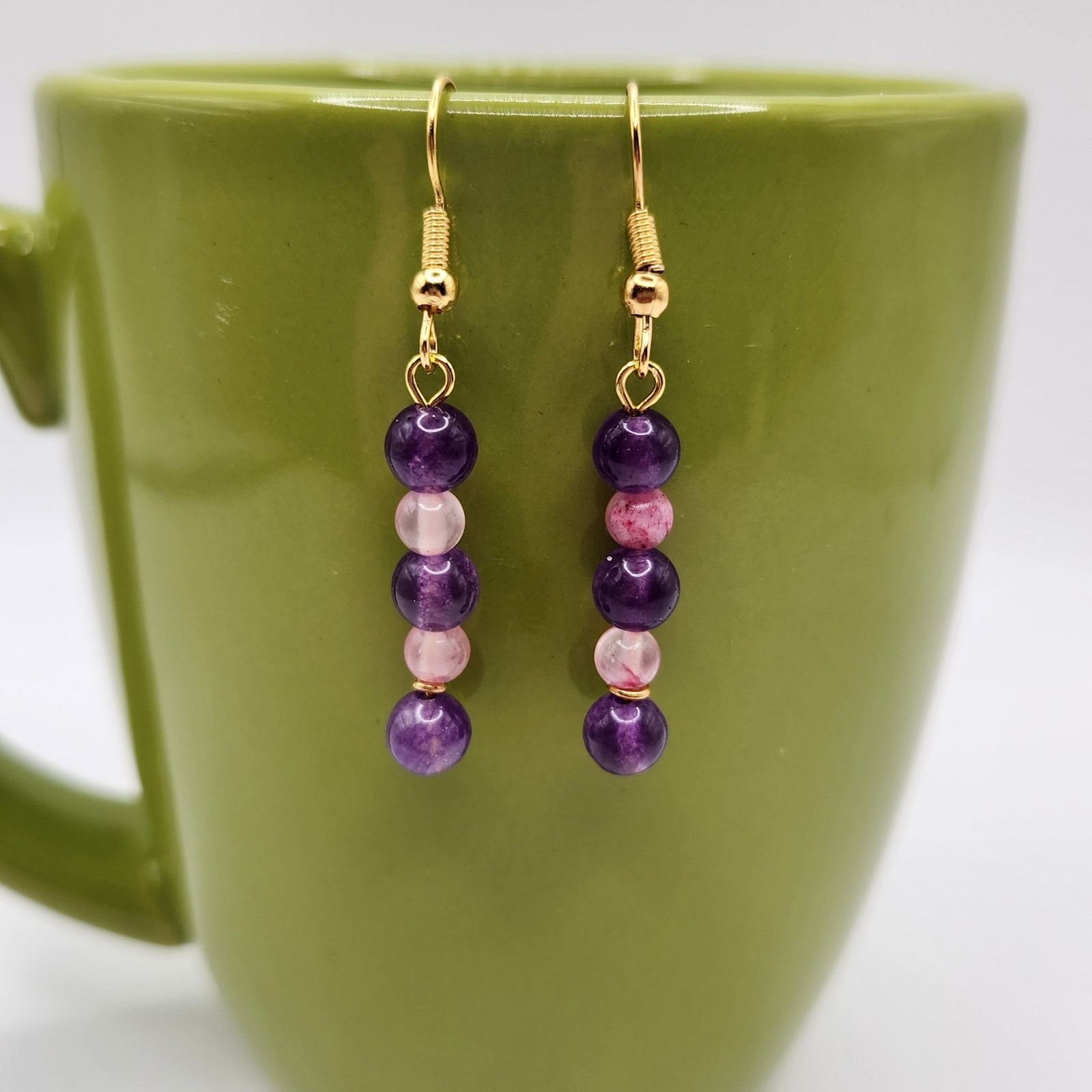 Other Handmade Purple Agate & Persian Pink Jade Dangle Earrings 2" Size ONE SIZE - 4 Thumbnail