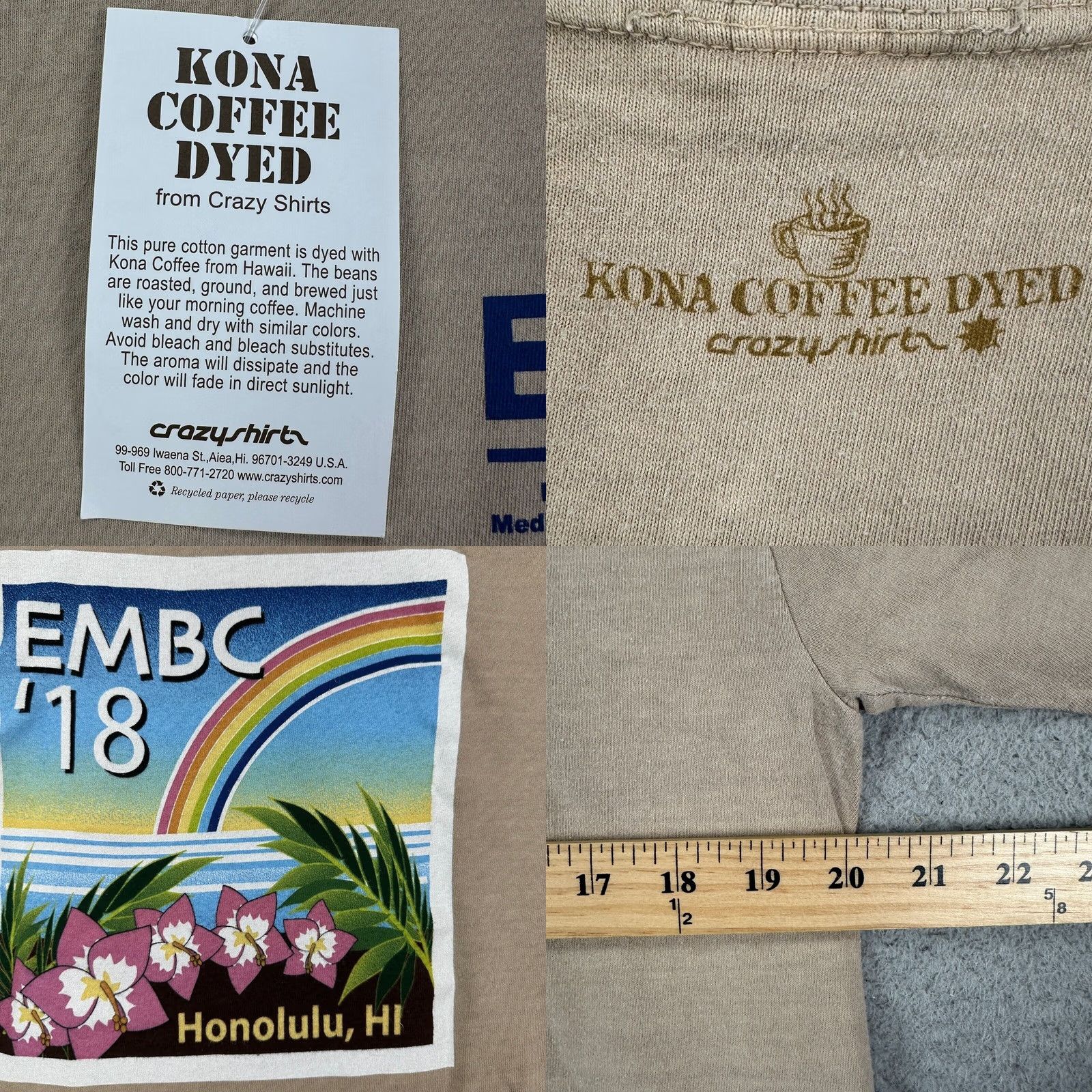 Vintage Crazy Shirts T-Shirt Unisex M Honolulu Hawaii Tee Tan Beige Floral Short Sleeve Crew Neck Breathable Cotton 40x27.5 NEW Size US M / EU 48-50 / 2 - 8 Thumbnail