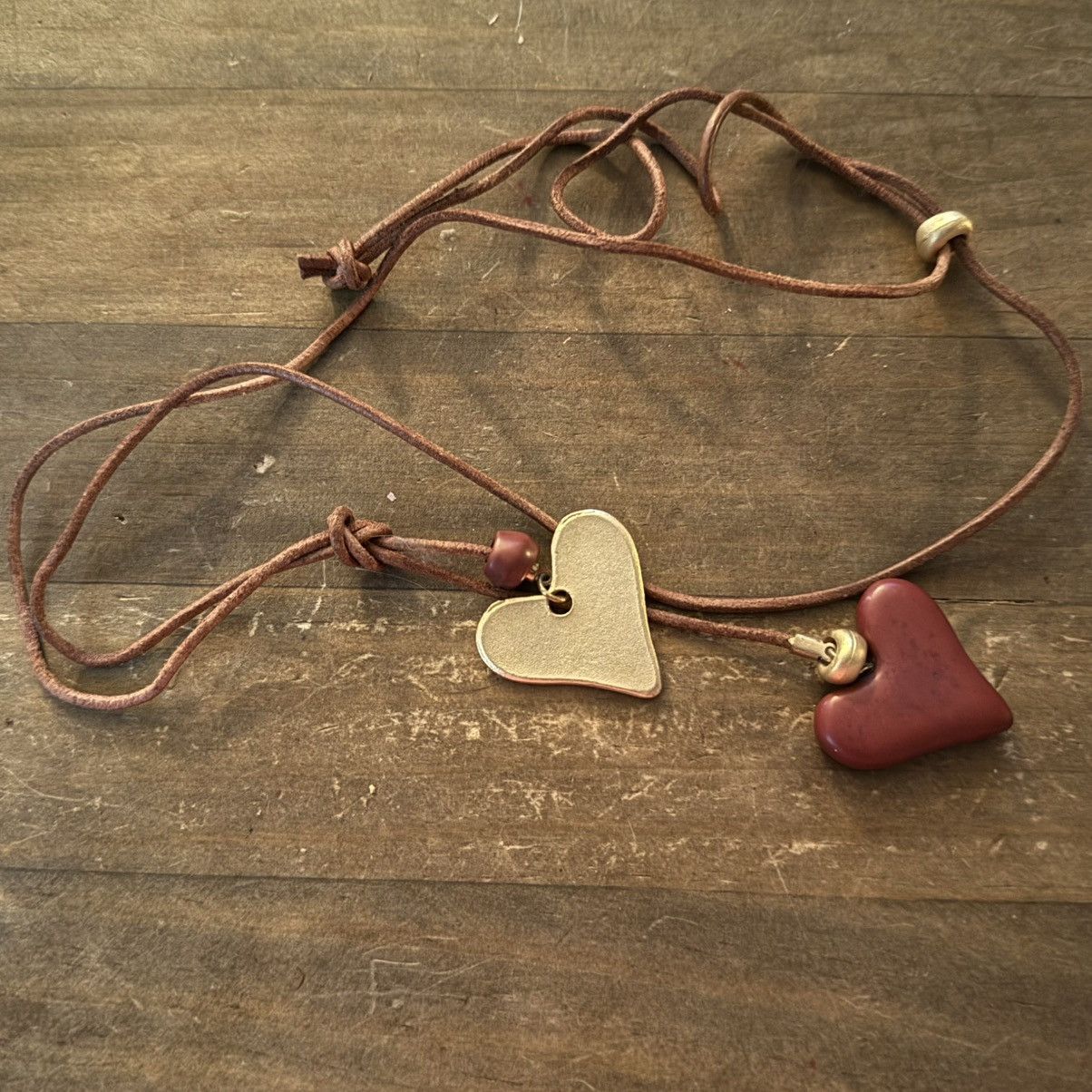 Other Brown leather double hearts drop necklace Size ONE SIZE - 2 Thumbnail