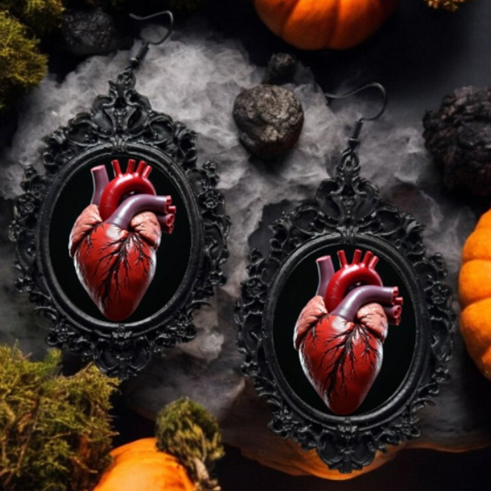 Anatomical Heart Earrings - Gothic Heart Jewelry - Red in Black, Women's