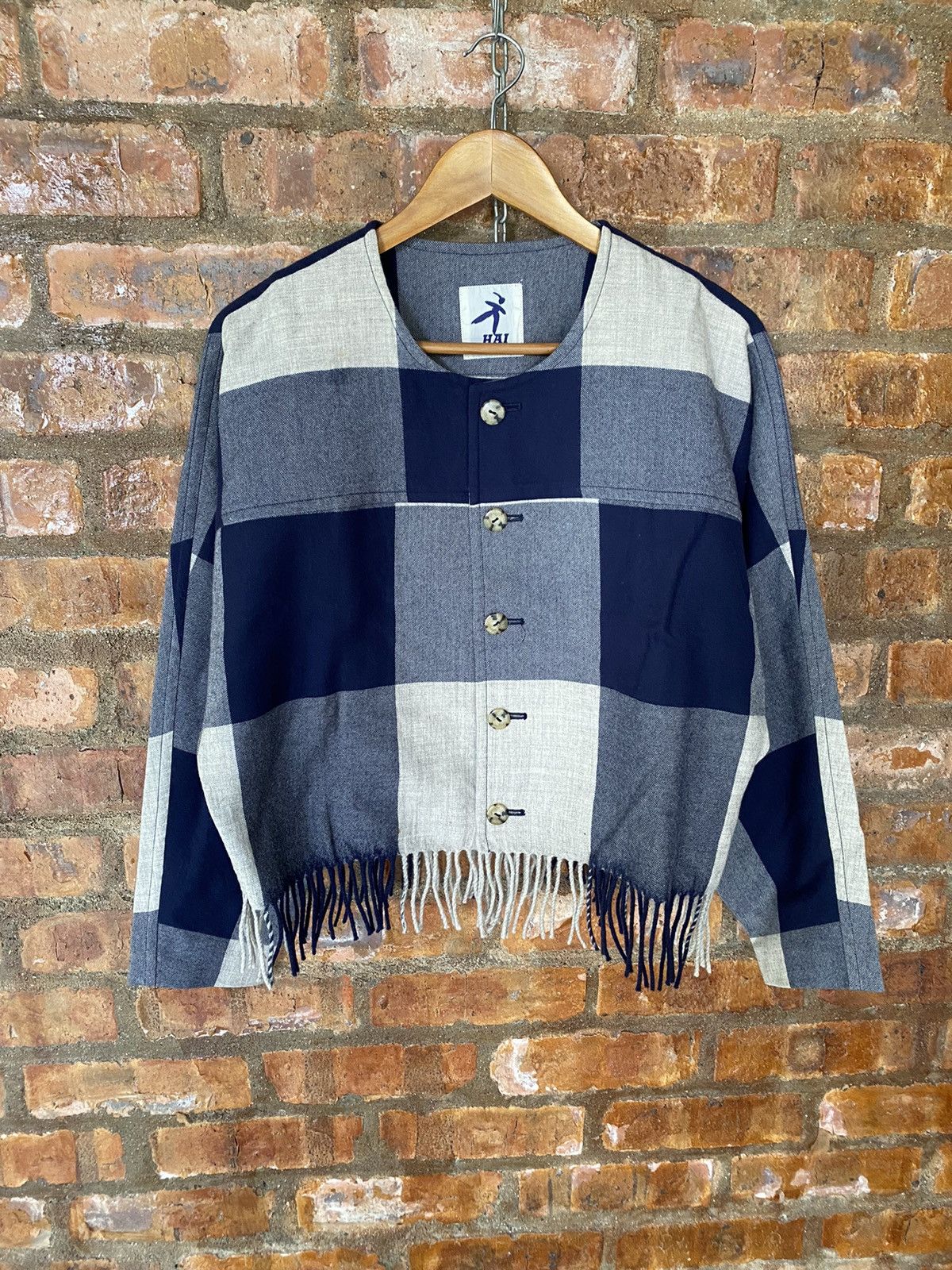 Hai Sporting Gear × Issey Miyake × Japanese Brand 1990s Issey Miyake Check fringe hem wool jacket Size US M / EU 48-50 / 2 - 2 Thumbnail