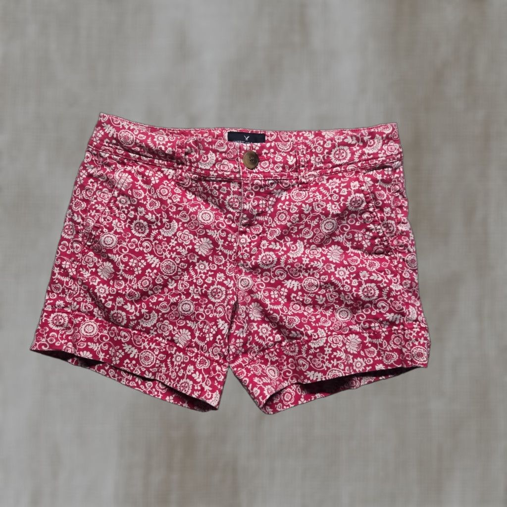 American Eagle Outfitters VINTAGE American Eagle Pink White Floral Cotton Shorts Women's Size 4 Stretch Mid 90s Size 27" / US 4 / IT 40 - 1 Thumbnail