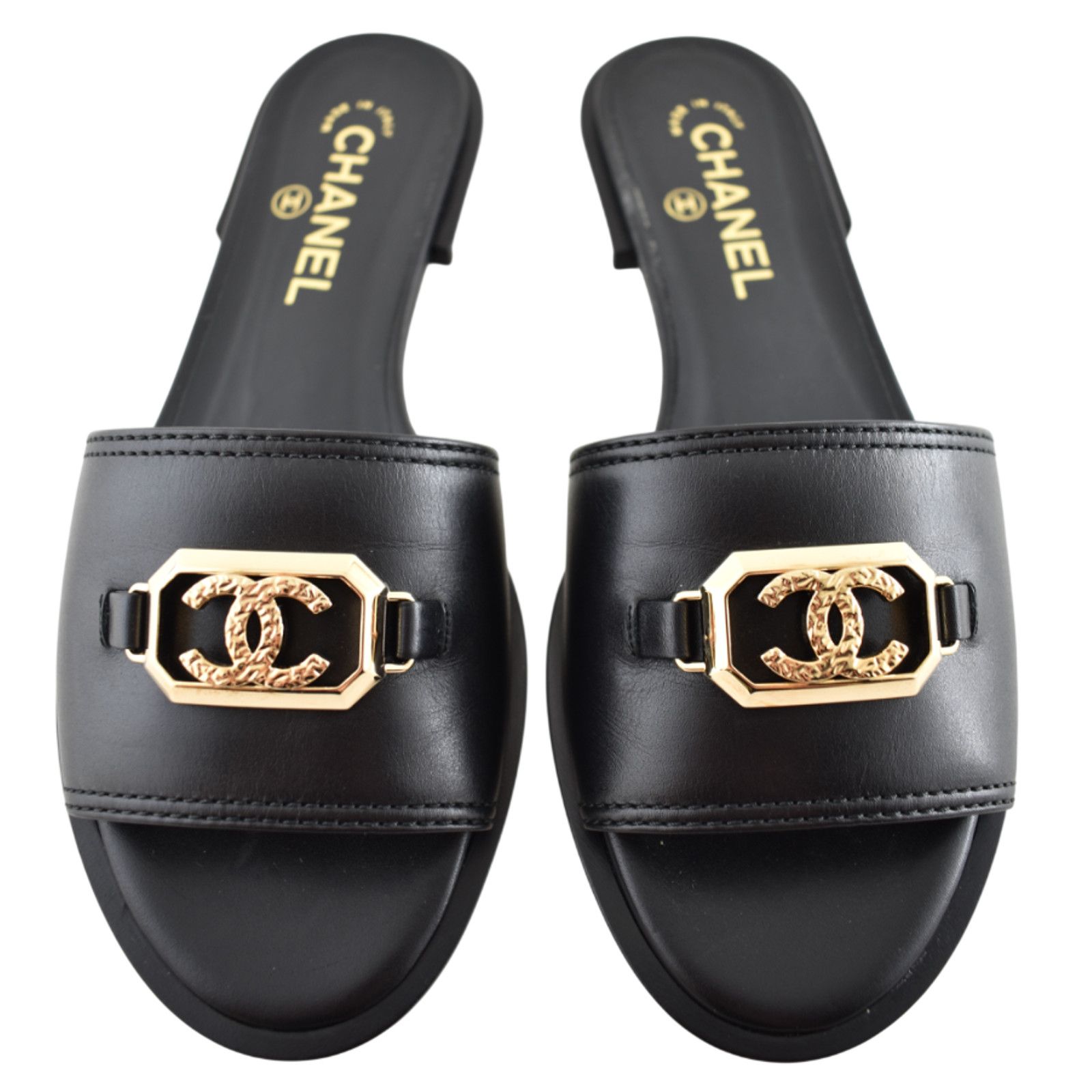 Chanel Chanel Black Shiny Calfskin Gold CC Mule Slides Sandals 38 Size US 8 / IT 38 - 1 Thumbnail