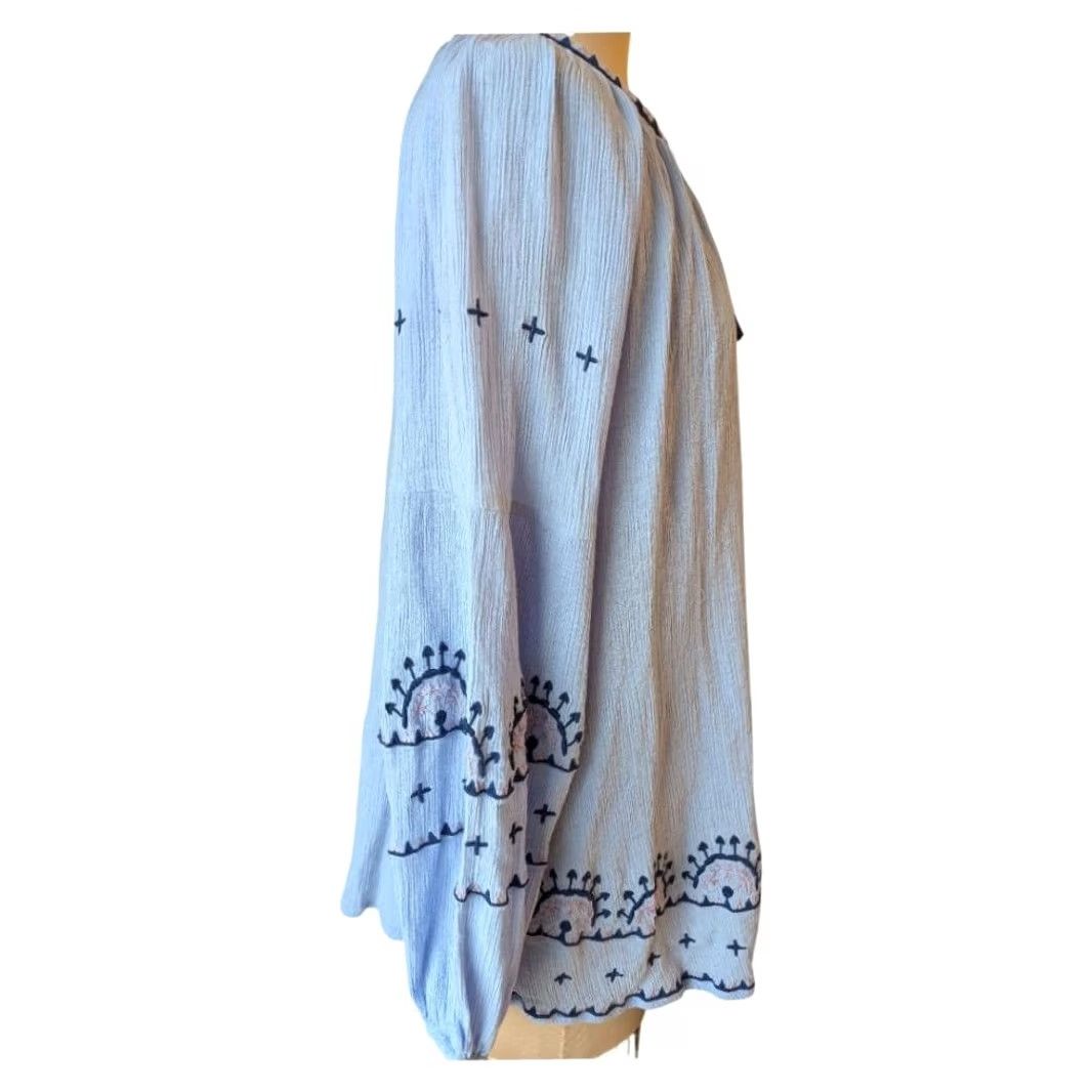 Vintage Ellos Light Blue Balloon Sleeve 100% Cotton Embroidered Top Womens Size 18 Boho Size XXL / US 16-18 / IT 52-54 - 2 Thumbnail