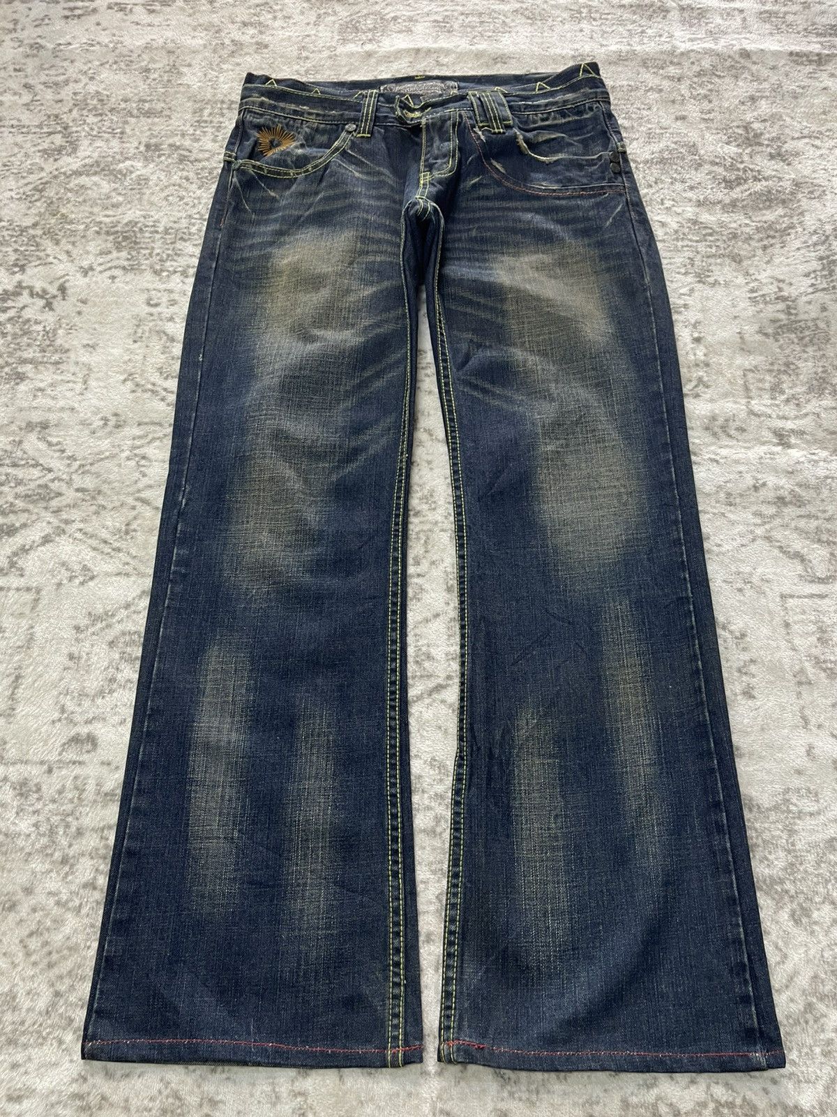 Japanese Brand Stonehedge Aztec Tribal Embroidered Double Waist Flare Jeans Size US 30 / EU 46 - 2 Thumbnail