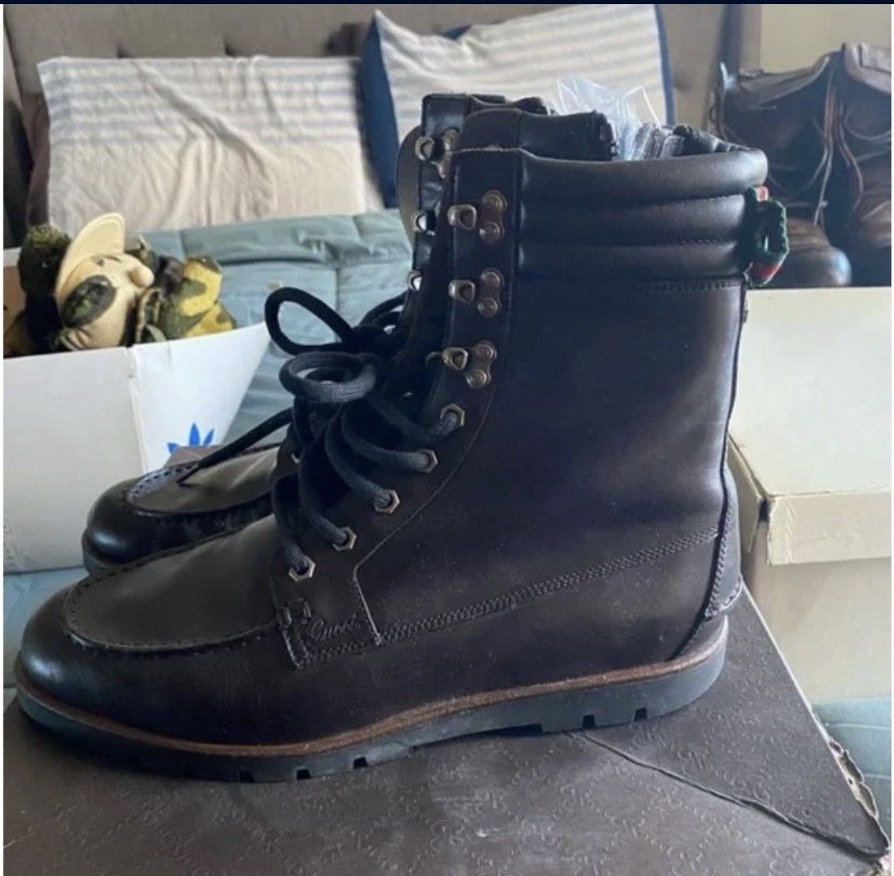 Gucci Gucci Leather Combat Boots w/ Web Stripe & Monogram Sole Size US 8 / EU 41 - 1 Thumbnail