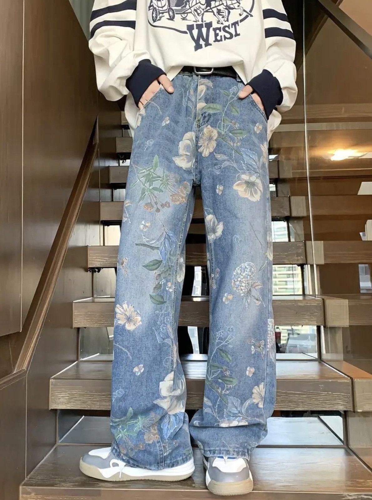 Vintage Floral Graphic Wide Leg Denim Jeans Size US 32 / EU 48 - 1 Thumbnail