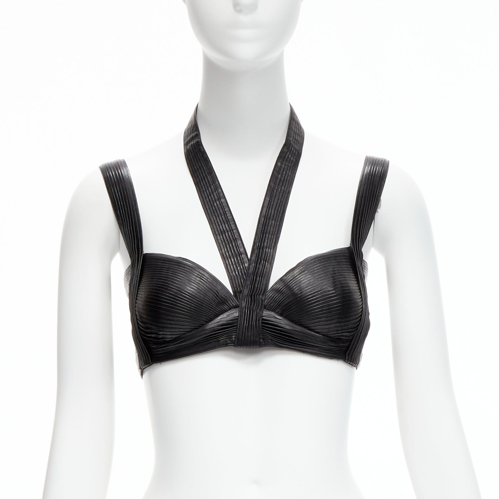 image of Givenchy Riccardo Tisci 2014 Runway Black Leather Pleated Halter Harness Bra Top, Women's (Size Sma