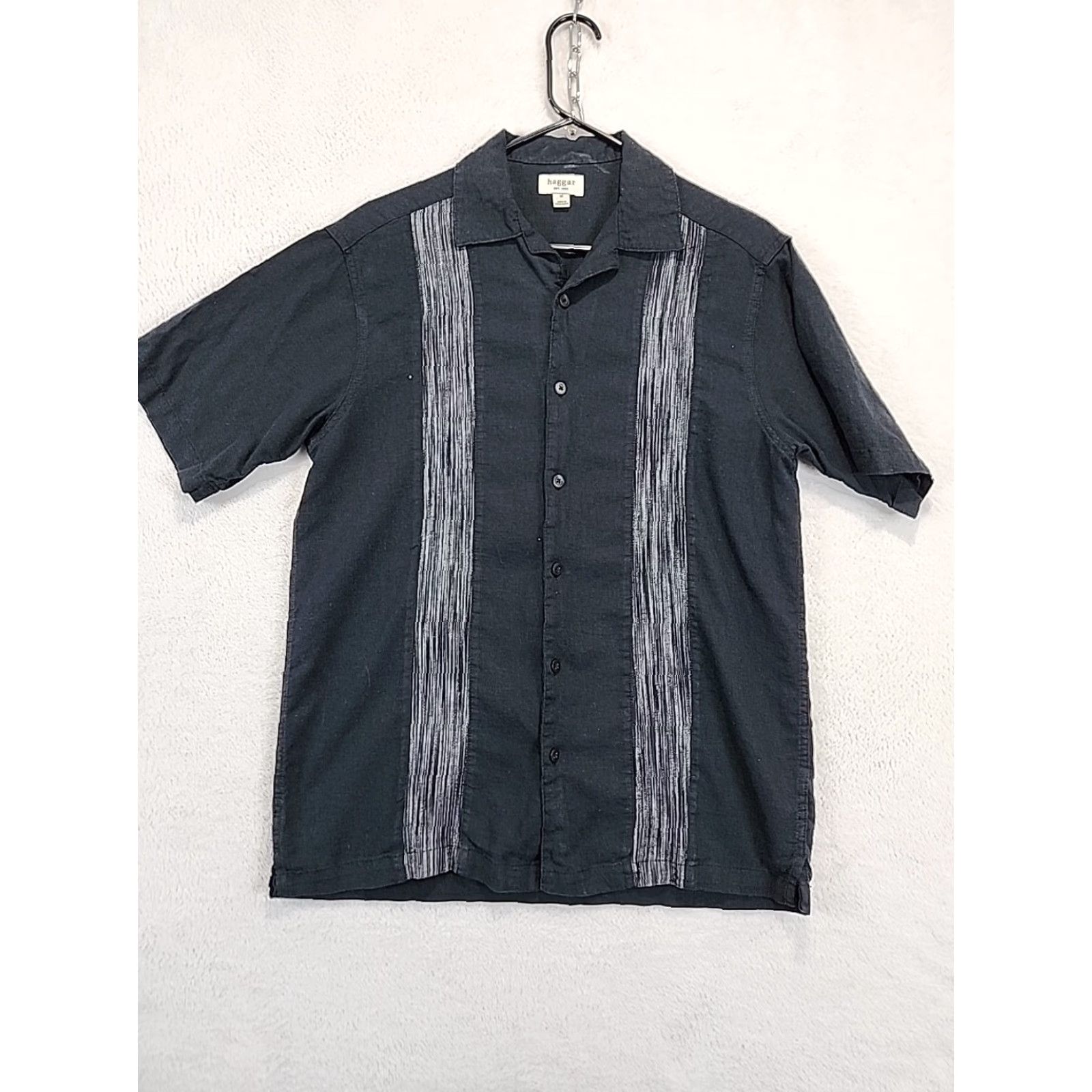 Haggar Haggar Mens Shirt M Black Stripe Linen Blend Short Sleeve Button-Up Beach Size US M / EU 48-50 / 2 - 3 Thumbnail