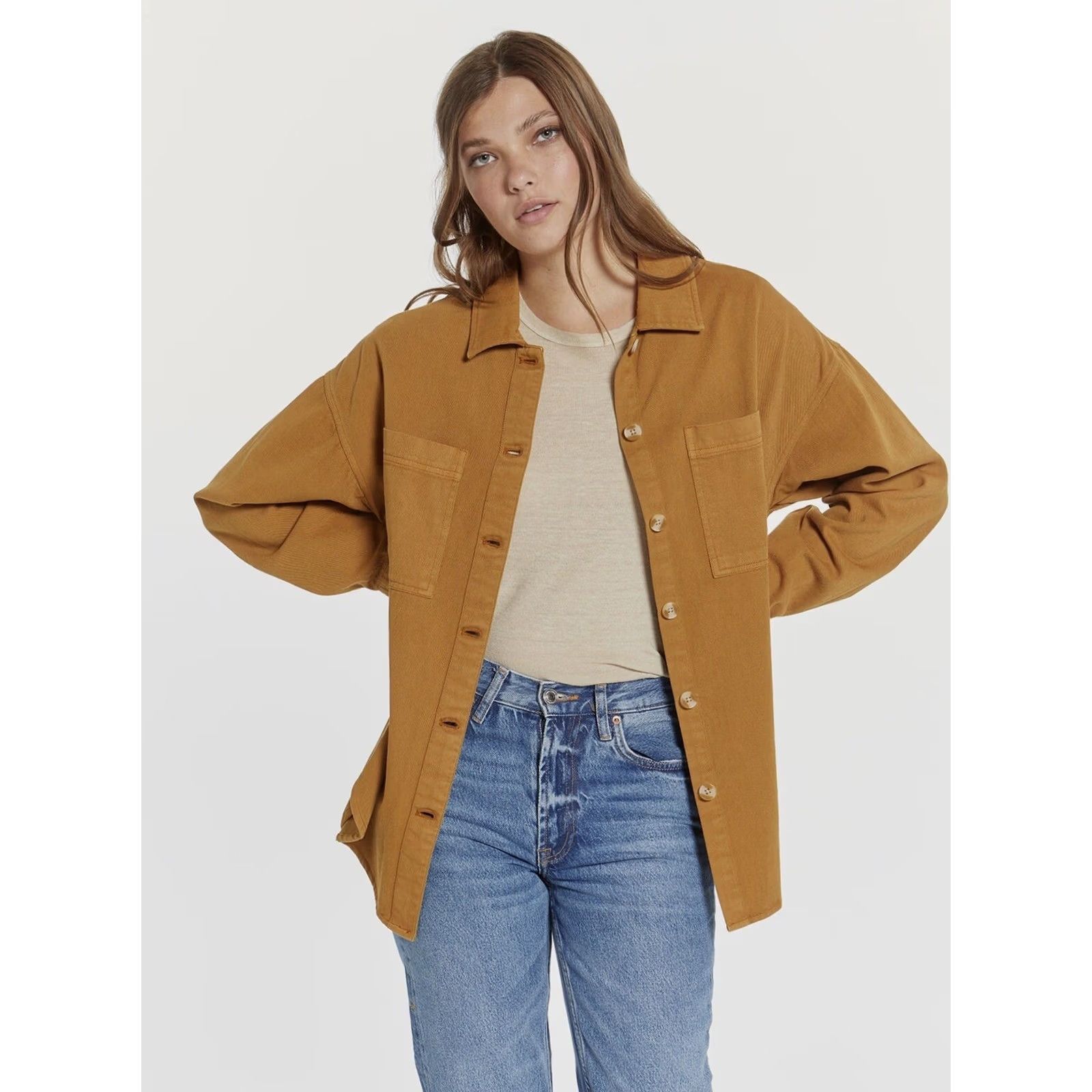 Vintage Thread & Supply Women Golden Brown Oversized Fletcher Denim Shirt Jacket L Size L / US 10 / IT 46 - 2 Thumbnail