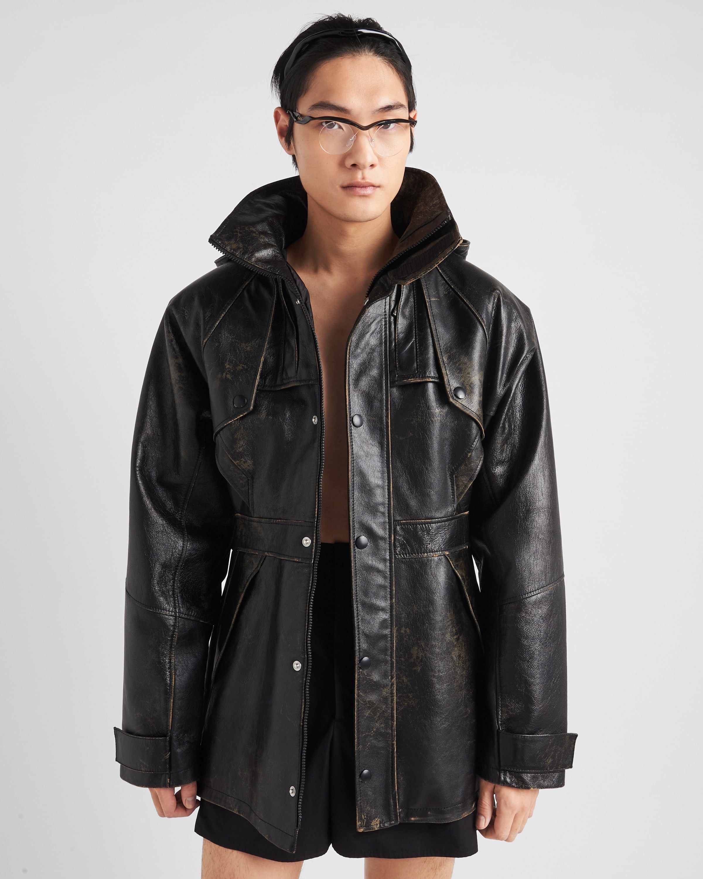 Prada o1bcso1str1025 Leather Caban Jacket in Black Size US L / EU 52-54 / 3 - 3 Thumbnail