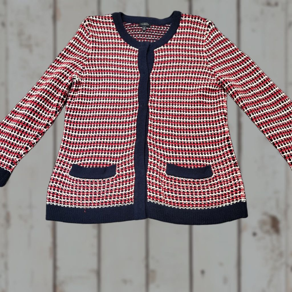 Talbots Talbots Cardigan Sweater Womens Med Red White Blue Pockets Country Club Casual Knit Raglan Sleeve Multicolor Striped All Seasons 3/4 Sleeve Buttons Size M / US 6-8 / IT 42-44 - 1 Thumbnail