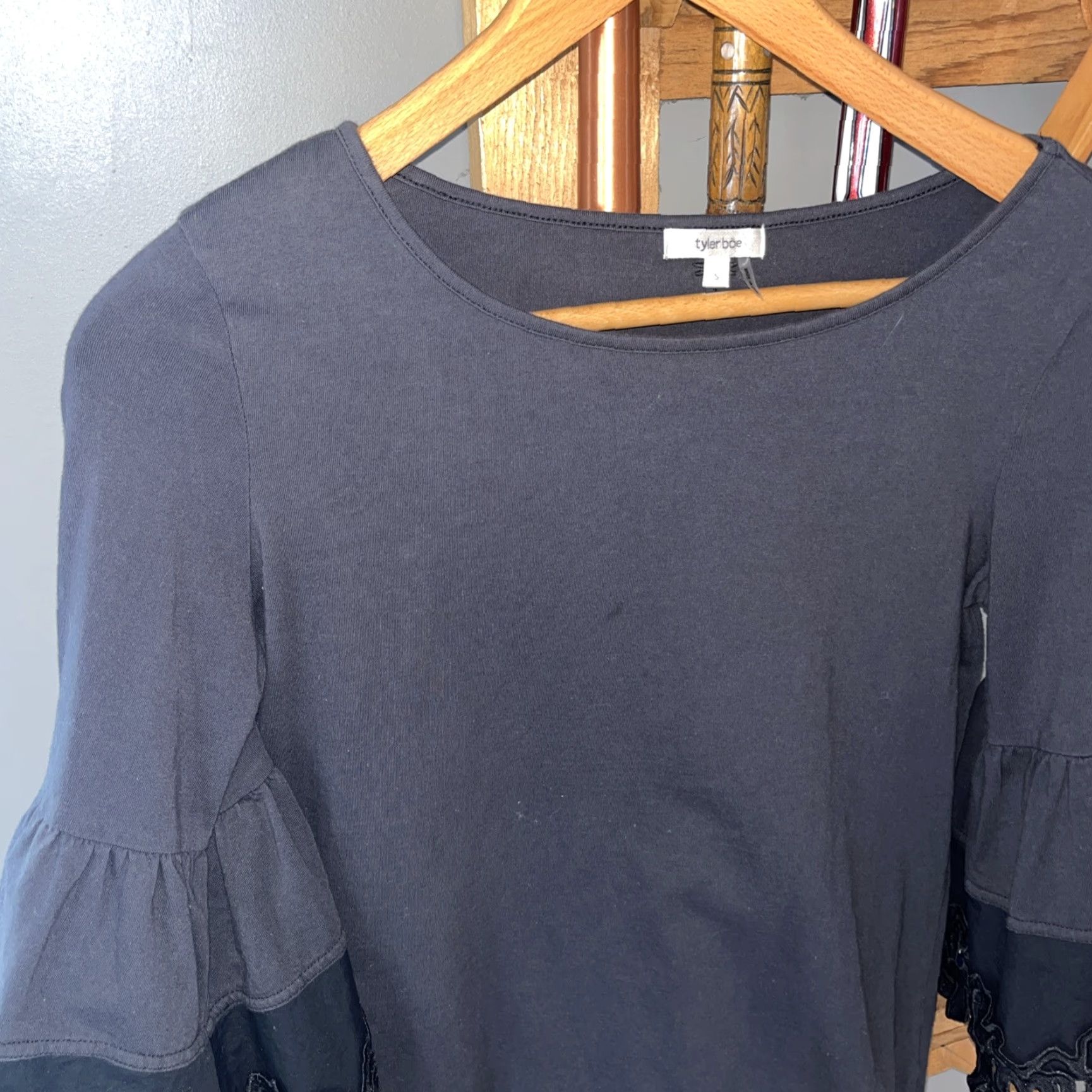 Bell Tyler Boe BLACK Shirt Women Small Wide Crocheted Lace jagged Bell Sleeves Cotton Size S / US 4 / IT 40 - 4 Thumbnail