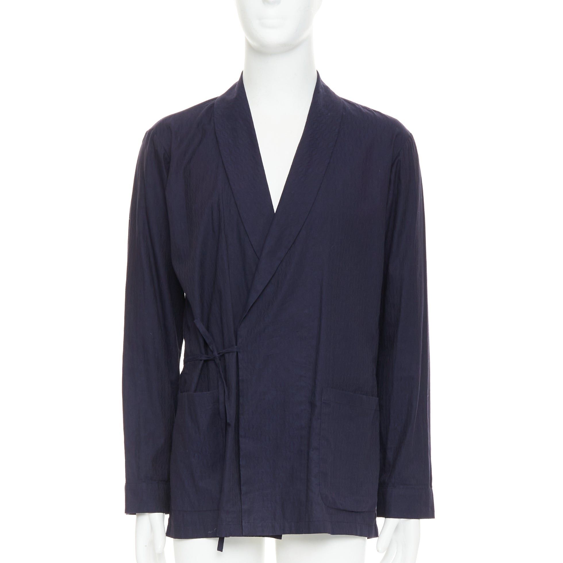 DRIES VAN NOTEN navy subtle printed cotton collared kimono overshirt IT44 XS