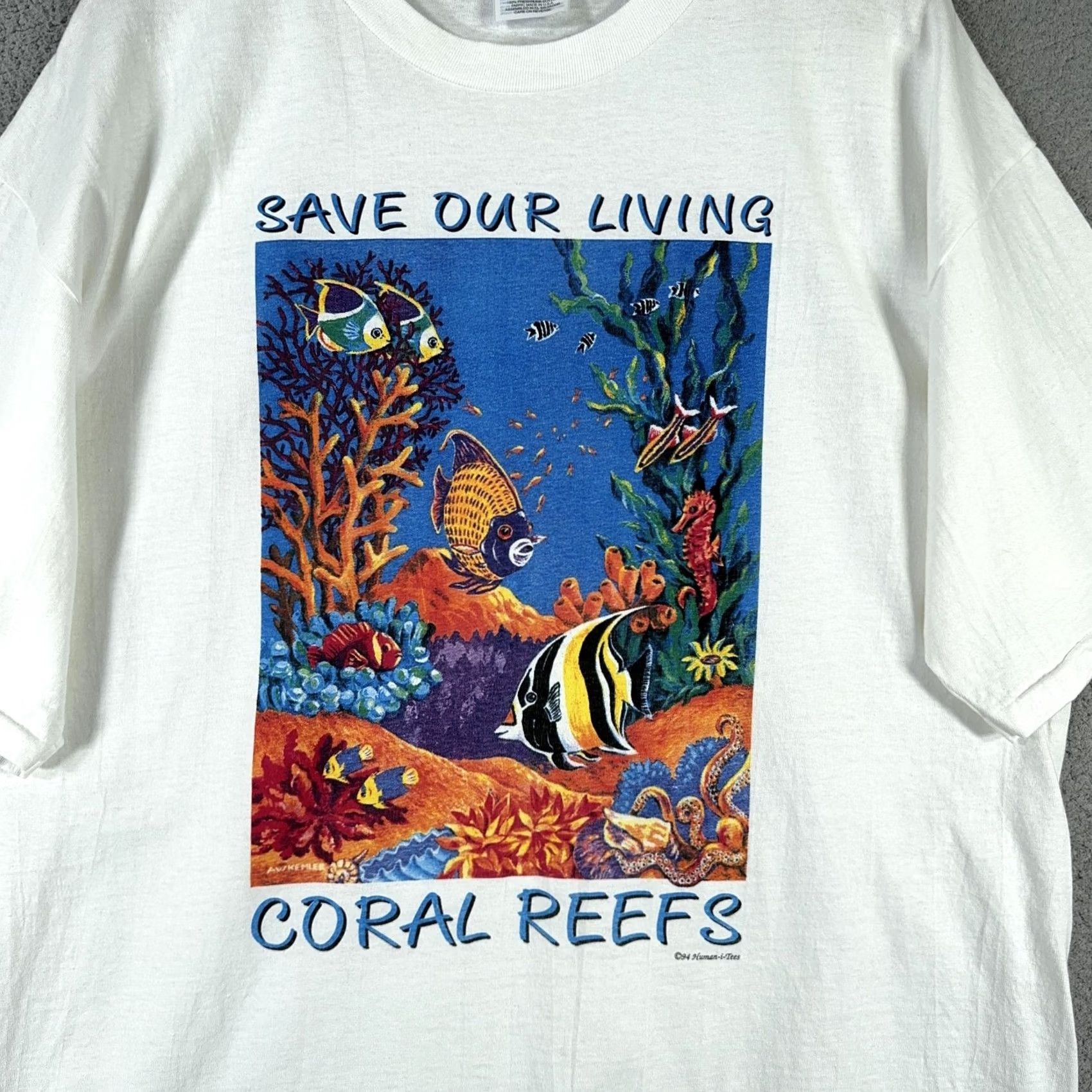 Hanes VINTAGE Hanes Heavyweight 1990s T-Shirt XL White Crew Neck Short Sleeve Save Our Living Coral Reefs 90s Men Size US XL / EU 56 / 4 - 6 Thumbnail