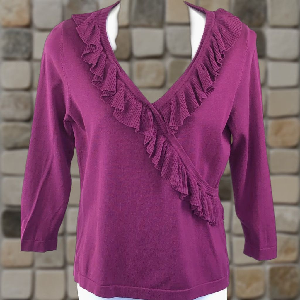 Vintage August Silk Sweater Women M Purple Knit V-Neck 3/4 Sleeves Ruffles Coquette Preppy Y2K Size M / US 6-8 / IT 42-44 - 1 Thumbnail