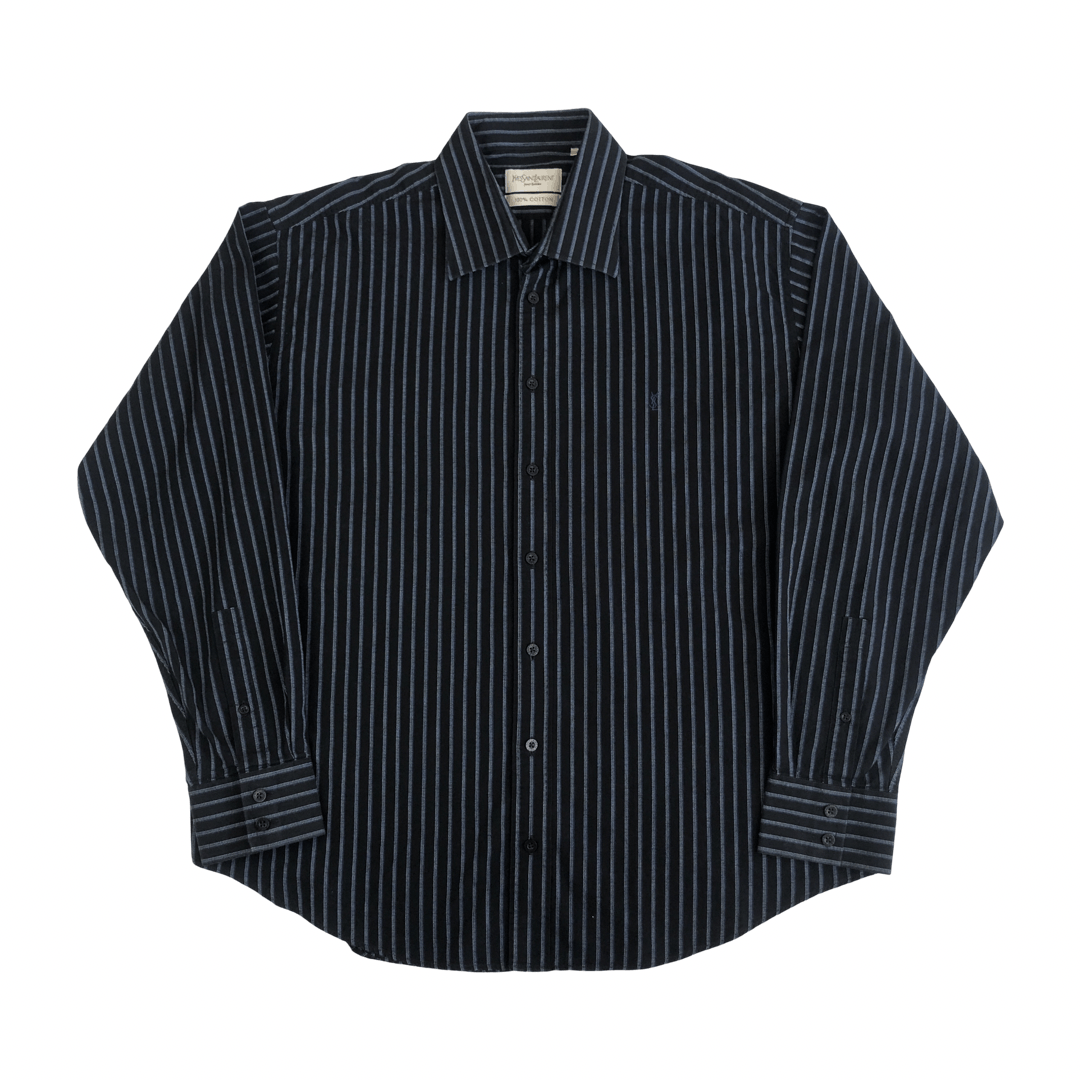 image of YVES Saint Laurent YSL Logo Striped Shirt in Navy, Men's (Size XL)