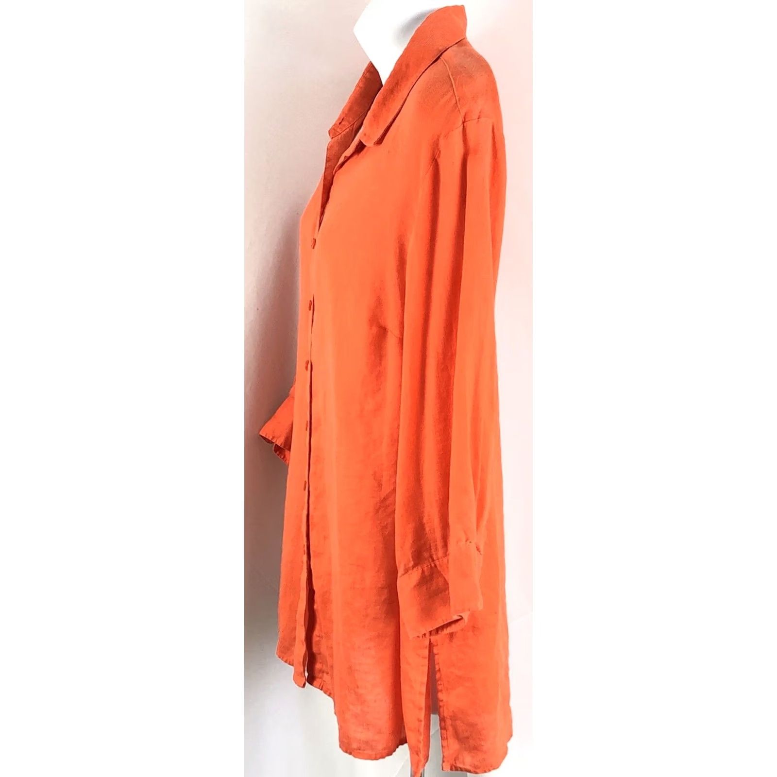 Coldwater Creek ColdwWater Creek Linen Top PXL Orange ButtonUp 3/4 Sleeve Slits Colorful Office Linen Solid Shirt Womens Size XL / US 12-14 / IT 48-50 - 2 Thumbnail