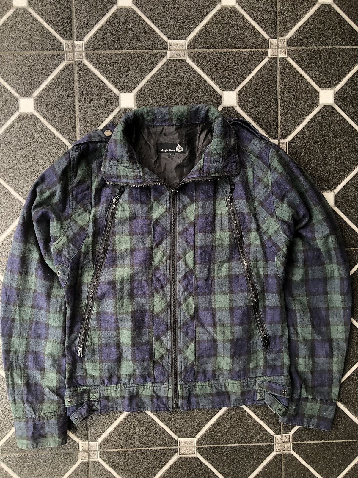 image of Ppfm x Vintage Goa Style Jungle Storm Tartan Jacket Multi Zipper in Green Tartan (Size Medium)