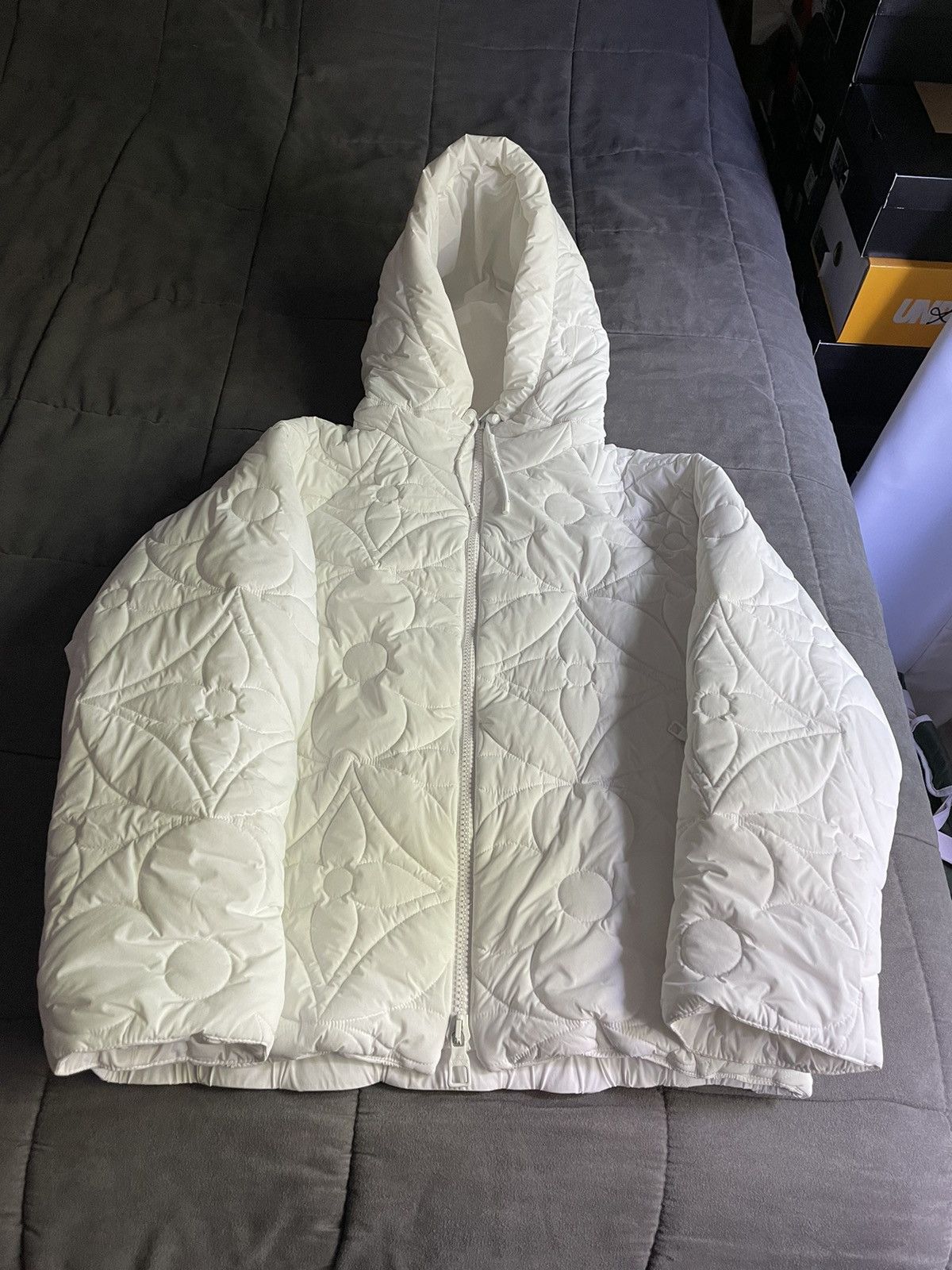 image of Louis Vuitton White Flower Quilted Puffer Hooded Jacket, Men's (Size Small)