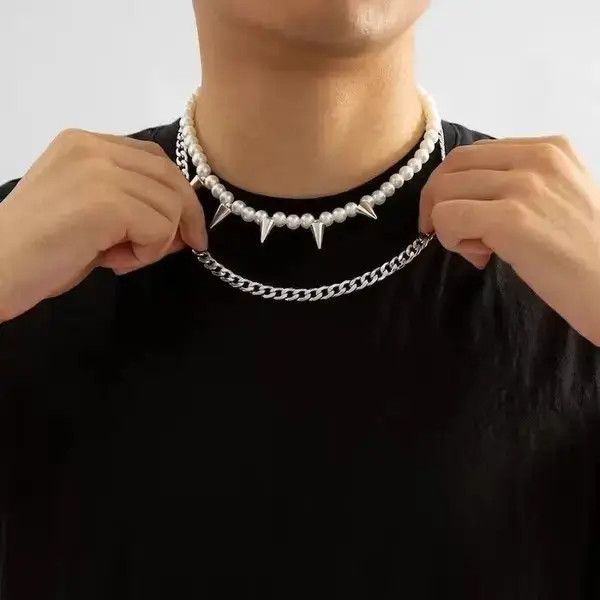 Japanese Brand Layered Pearl Beads Chain with Spikes Short Choker Necklace Size ONE SIZE - 1 Thumbnail