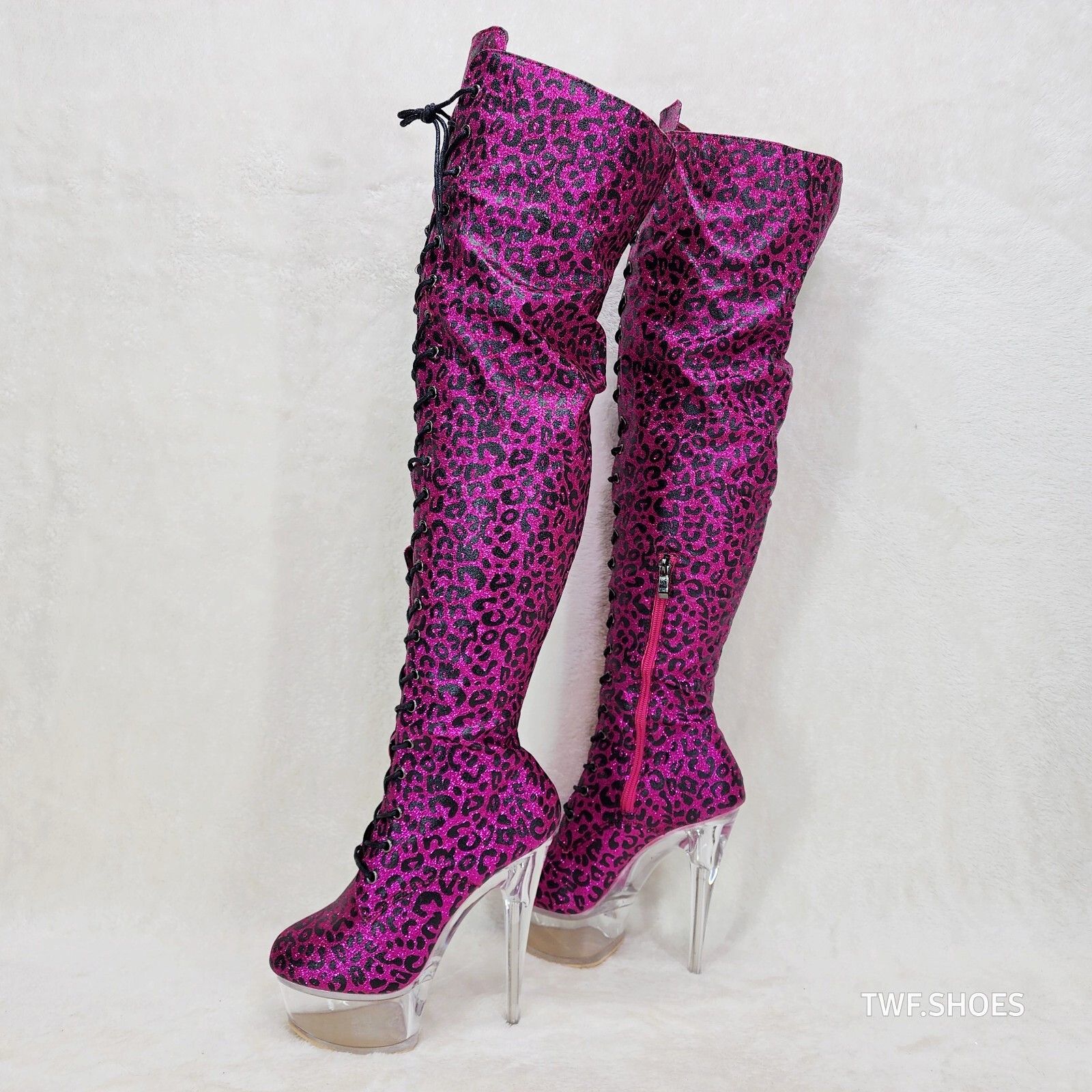 Other Bulls Hot Pink Leopard Glitter Over the Knee Clear Platform Size US 6.5 / IT 36.5 - 2 Thumbnail