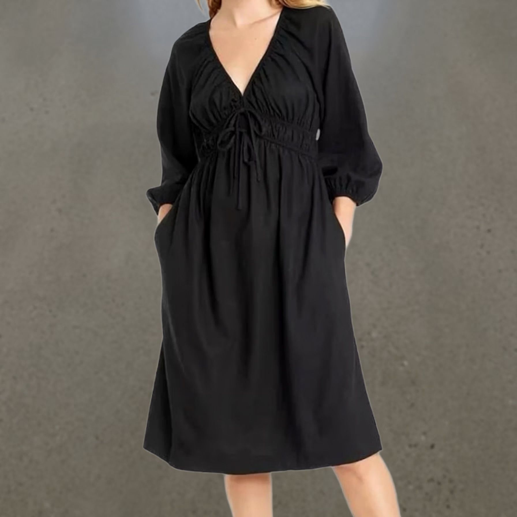 Vintage A New Day Midi Dress Womens XS Black Shirred Poplin Plunge Vneck Long Sleeve NEW Size XS / US 0-2 / IT 36-38 - 1 Thumbnail