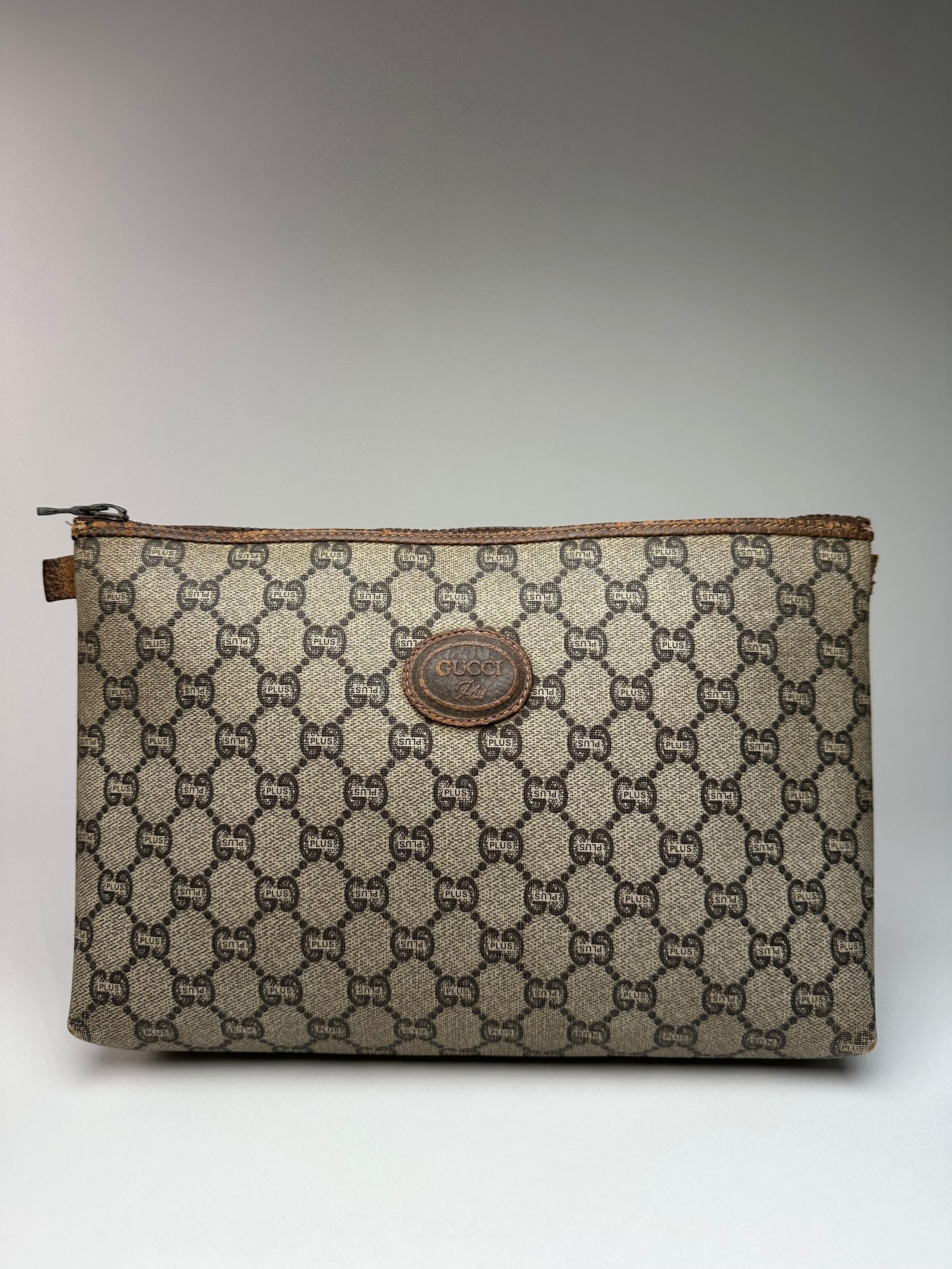 Gucci Vintage Monogram Leather Clutch Grey Brown, Women's