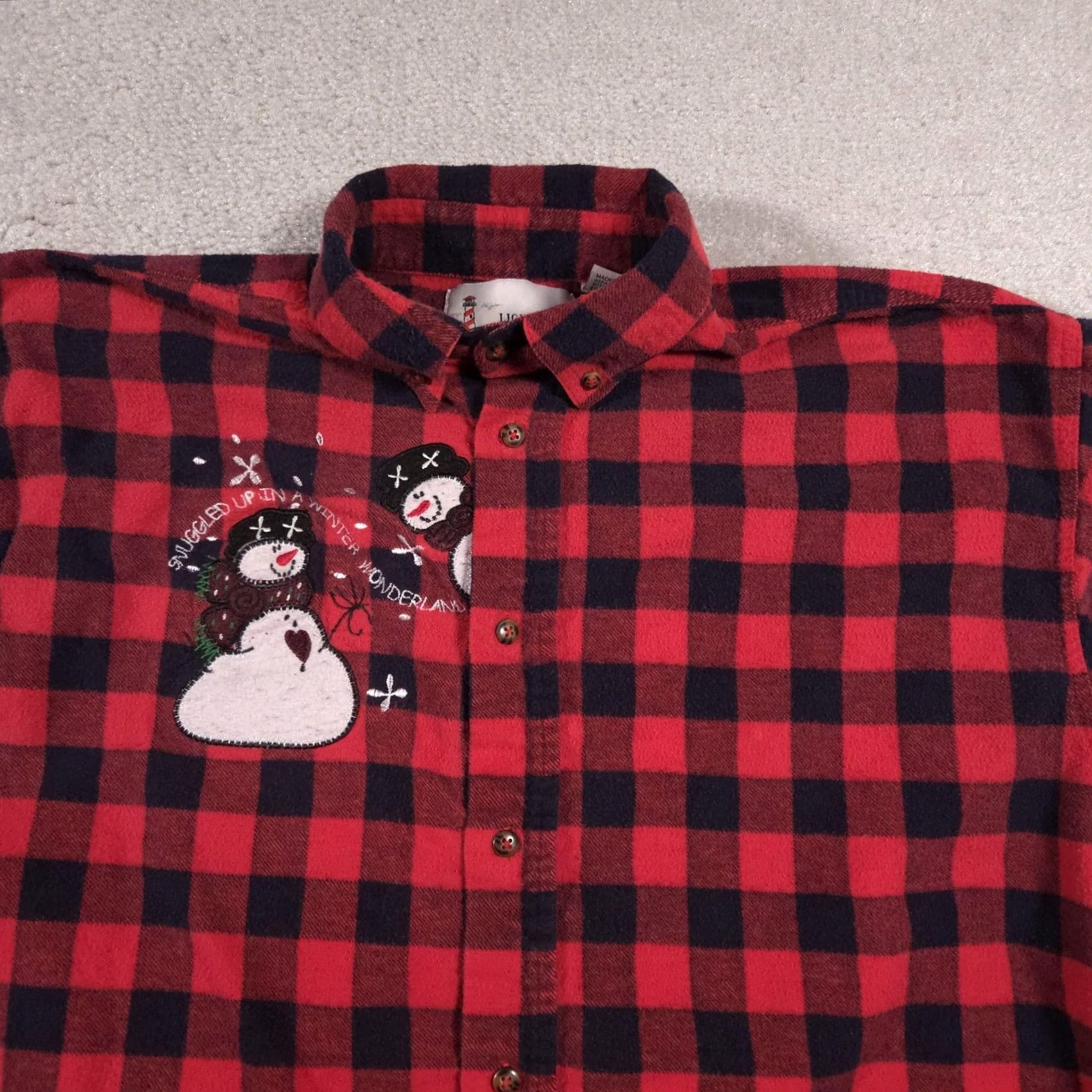Vintage Lighthouse Apparel Shirt Womens Medium Red Plaid Flannel Snowman Embroidered Christmas Winter Button-Up Size M / US 6-8 / IT 42-44 - 3 Thumbnail