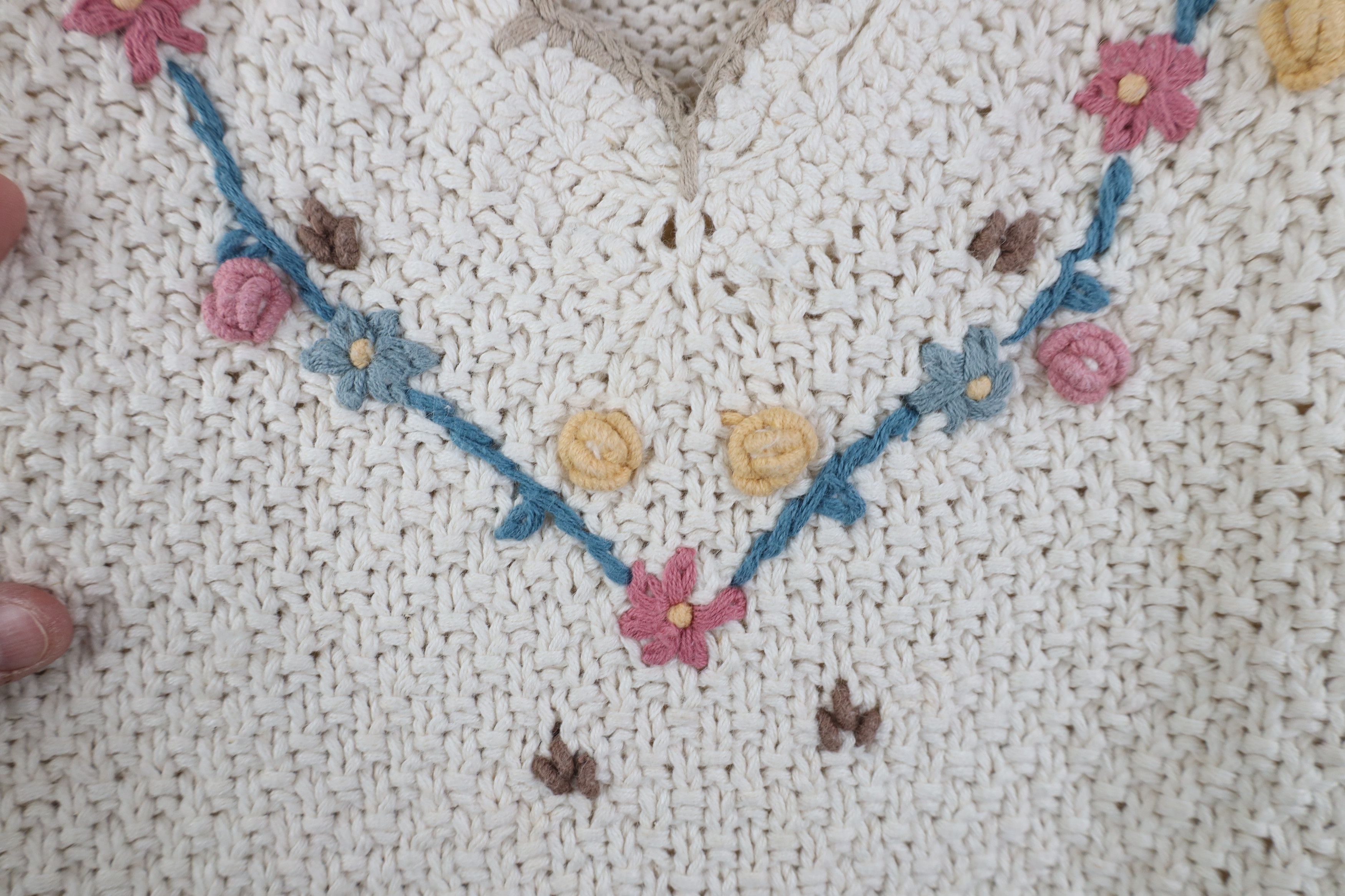 Vintage Vintage 90s Country Primitive Flower Knit Sweater Cream Size L / US 10 / IT 46 - 4 Thumbnail