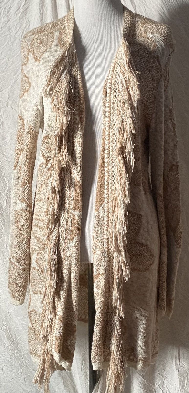 NIC+ZOE NICE + ZOE, Beige/Cream, Floral/Fringed, Open Knit Cardigan Size L / US 10 / IT 46 - 2 Thumbnail