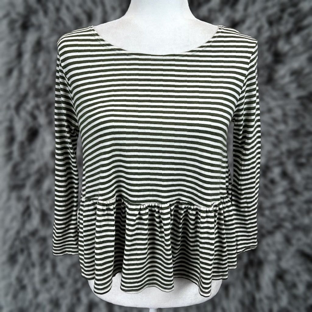 Free People Free People We The Free Peplum Striped T-Shirt Women's XS Green White, Casual Bohemian Cotton Blend Long Sleeve Round Neck Size XS / US 0-2 / IT 36-38 - 1 Thumbnail