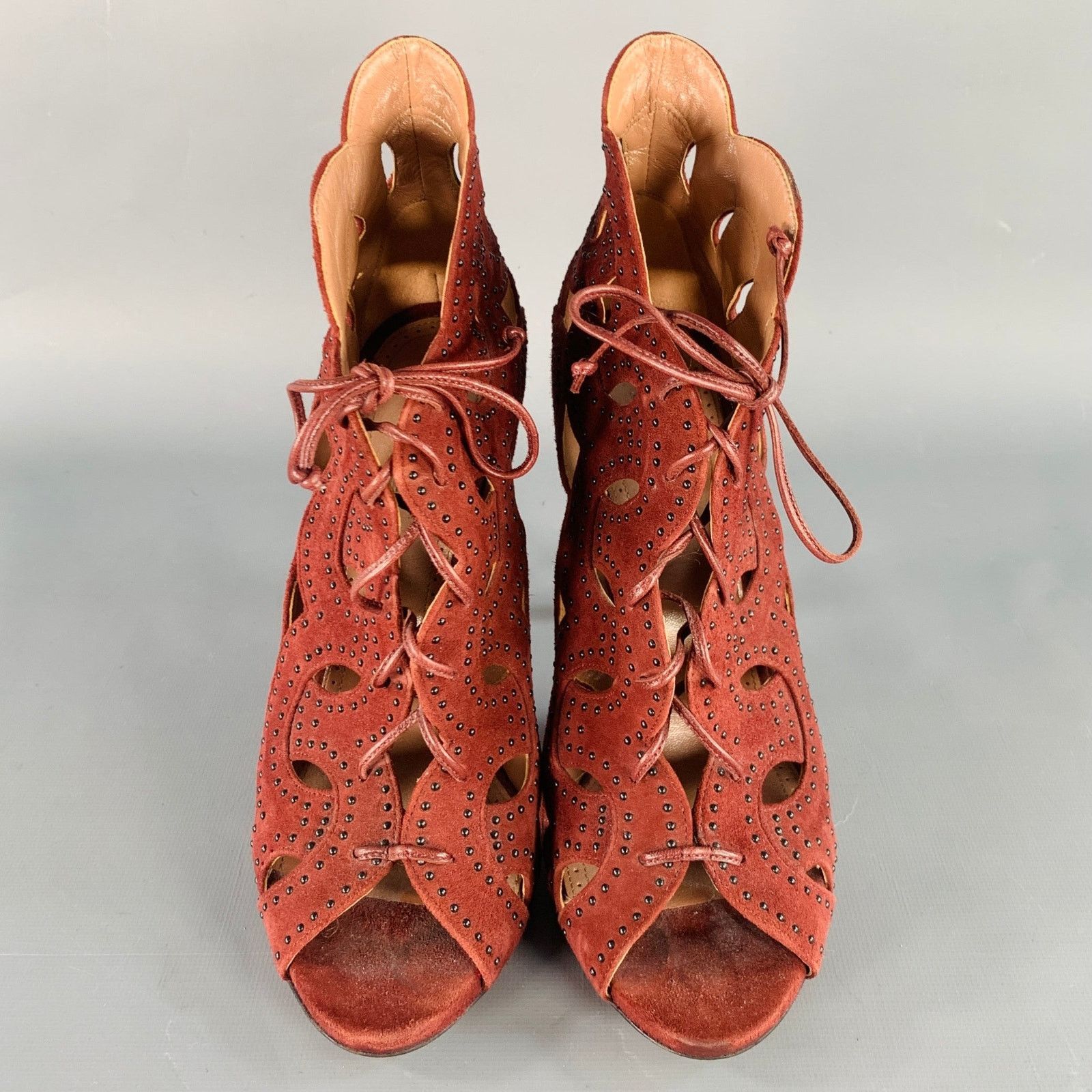 Alaia ALAIA Size 9.5 Burgundy Suede Studded Cutout Lace-Up Sandals Size US 9.5 / IT 39.5 - 4 Thumbnail
