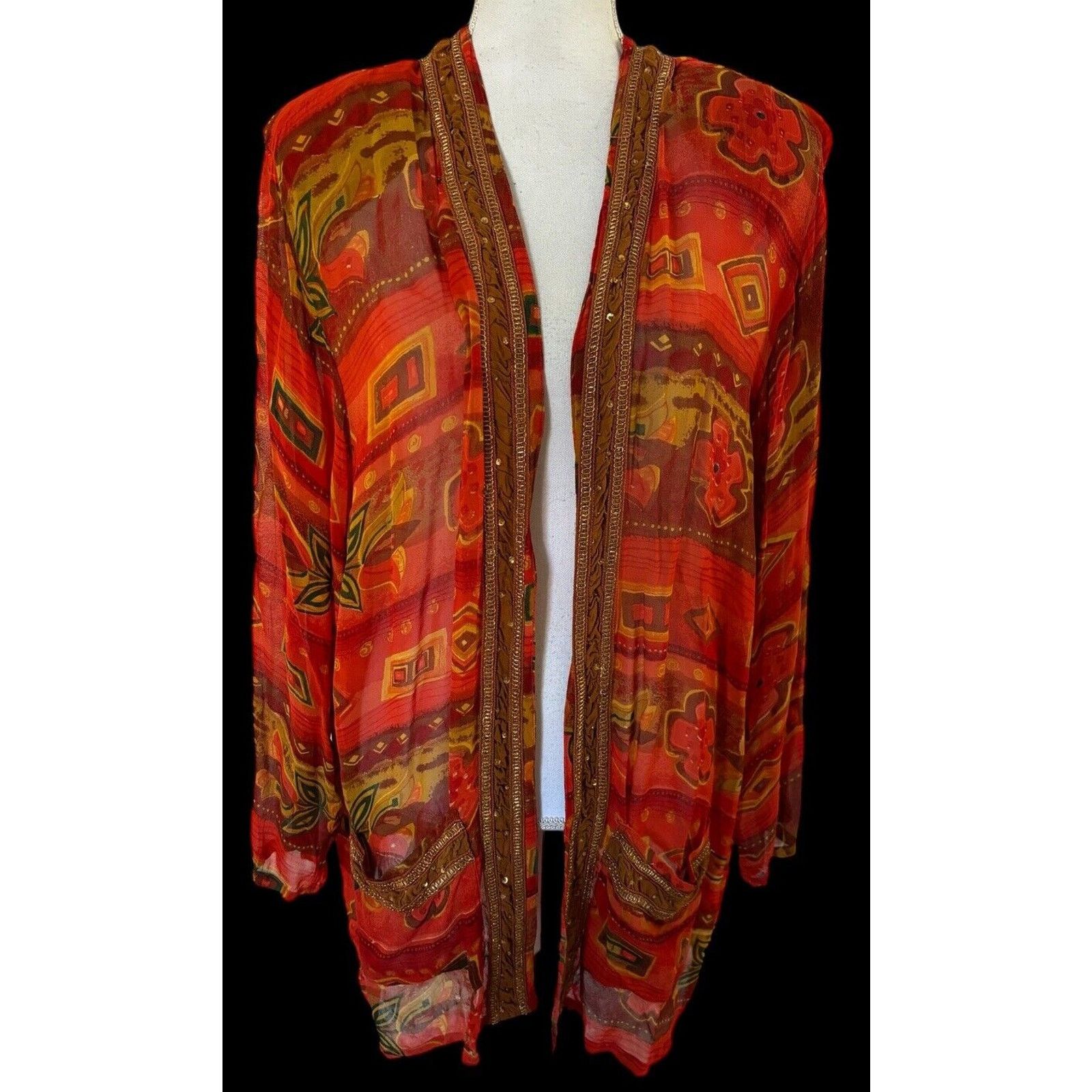 Other Tan-Chho Orange Red Yellow Duster Jacket Kimono Rayon Sz 1X Size XL / US 12-14 / IT 48-50 - 7 Thumbnail