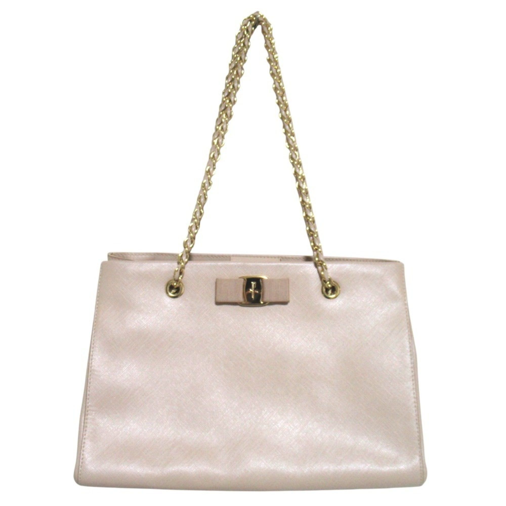 Salvatore Ferragamo Salvatore Ferragamo Vara Ribbon Chain Tote Bag Shoulder Beige x Gold Hardware Women's Size ONE SIZE - 1 Thumbnail