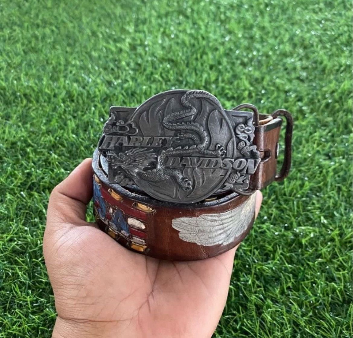 Harley Davidson × Vintage Vintage Harley Davidson Dragon ©️89 Brass Buckle Belt Made in USA Size 36 - 2 Thumbnail
