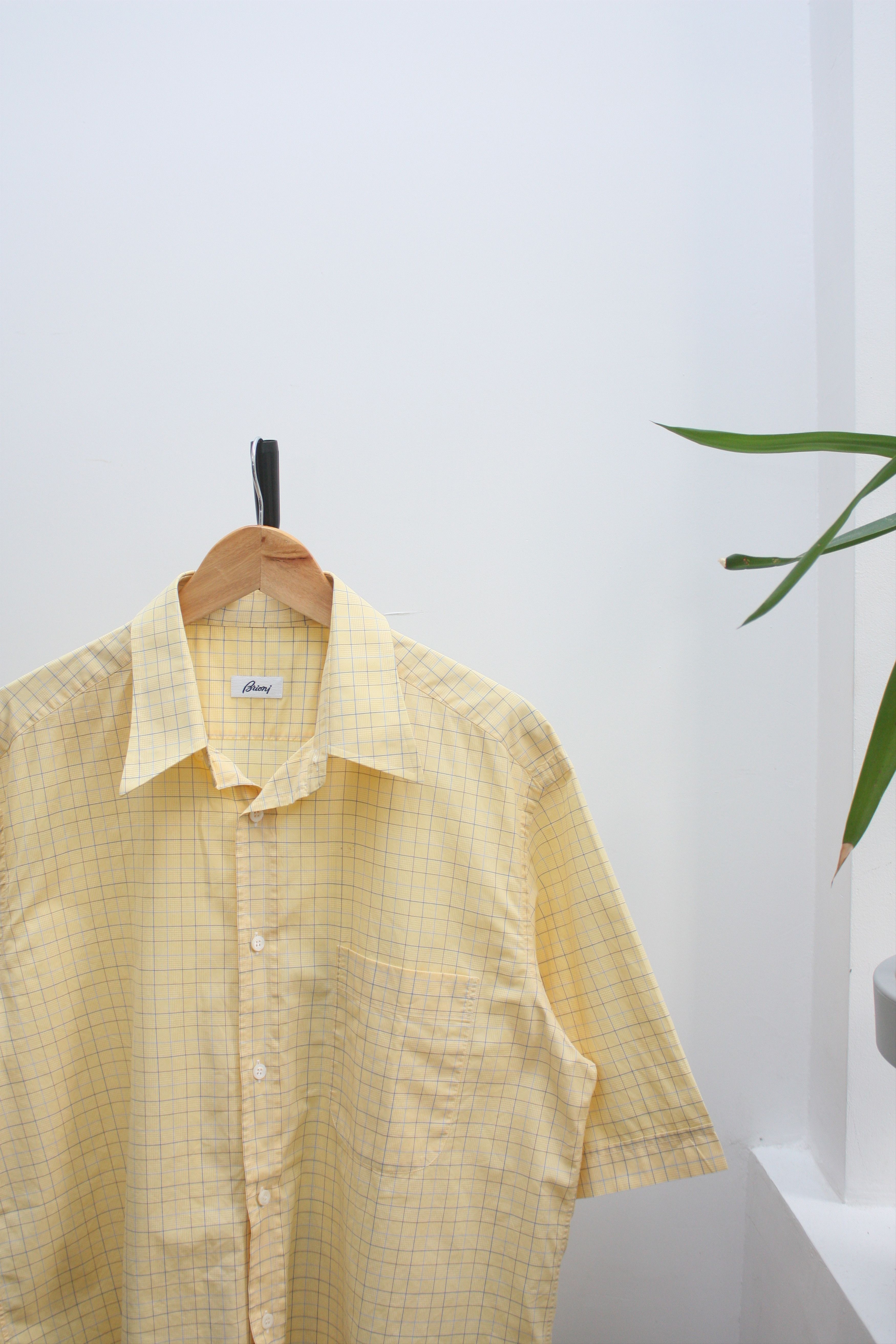 Brioni Yellow Short Sleeve Checkered Shirt Made In Italy