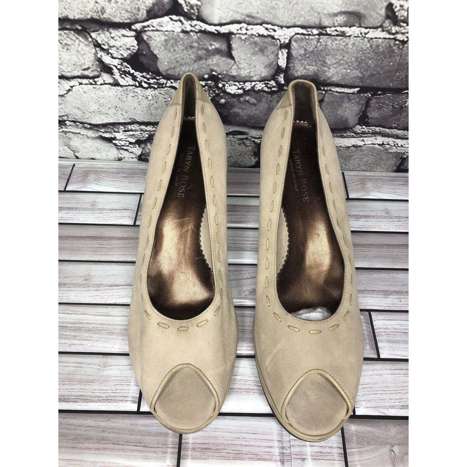Other Taryn Rose Beige Suede Leather Peep Toe Dress High Wedges Wo Size US 9 / IT 39 - 13 Thumbnail