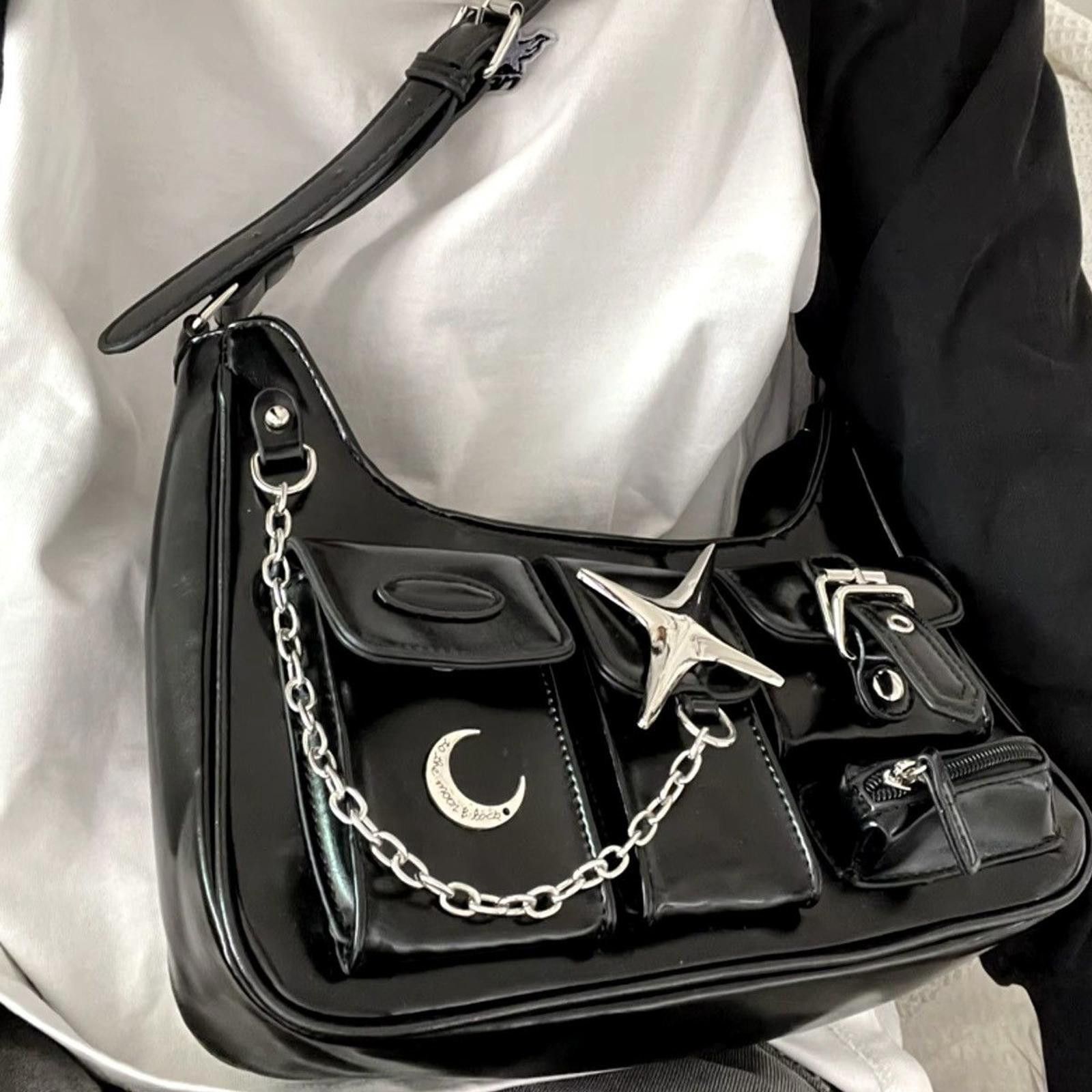 Vintage Chic Black Faux Leather Handbag with Silver Accents Size ONE SIZE - 6 Thumbnail