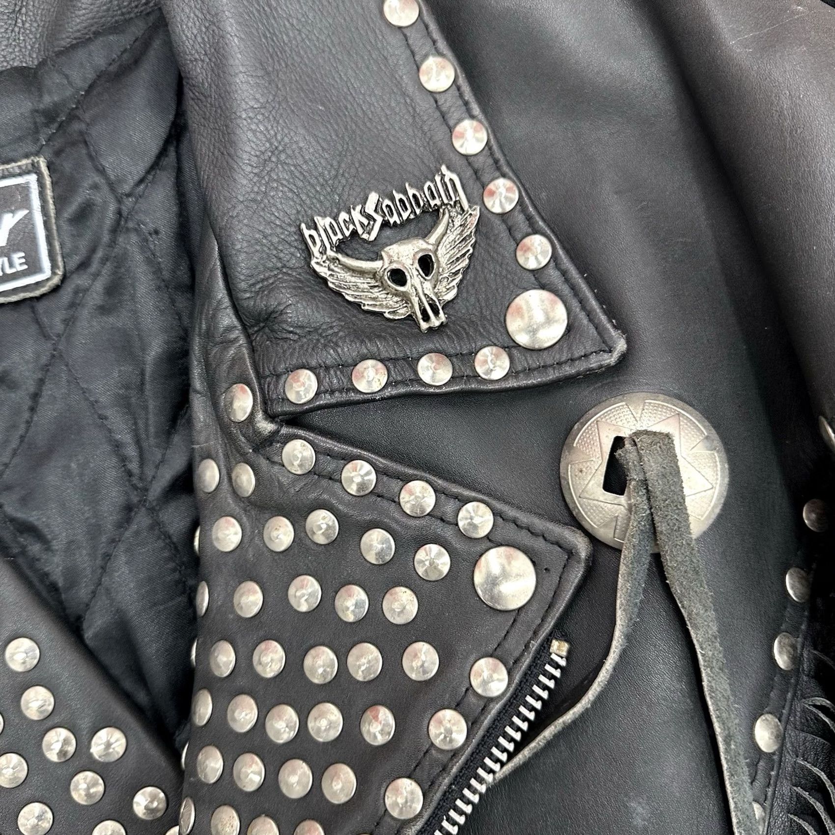 Vintage VINTAGE American Vintage Leather Jacket Biker 80/90s Studded Fringe Black Large Mens Size US L / EU 52-54 / 3 - 4 Thumbnail