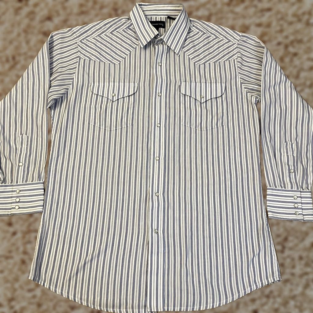 Vintage VINTAGE Panhandle Slim Shirt Adult 16 33 Blue Stripe Pearl Snap Pockets Button-Down Mens Shirt Size US L / EU 52-54 / 3 - 1 Thumbnail