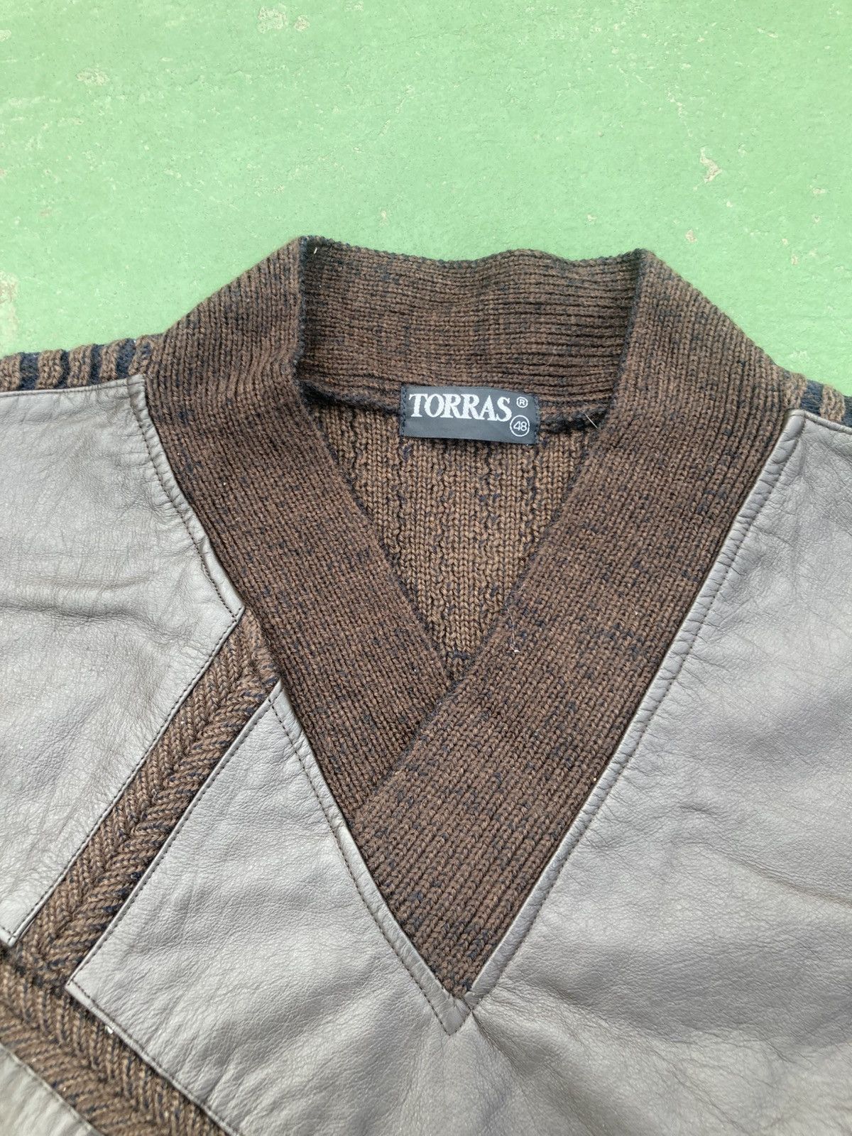 Torras Vintage Torras Spain V-Neck Knitwear Patchwork Leather Size US L / EU 52-54 / 3 - 7 Thumbnail