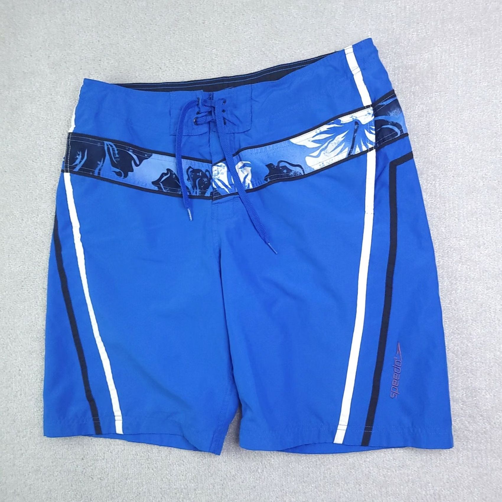 Speedo Speedo Swim Trunks Mens Medium Blue Hawaiian Print Draw String Pockets Polyester 90s Vintage? No, Floral Bottoms Shirt? Size ONE SIZE - 2 Thumbnail